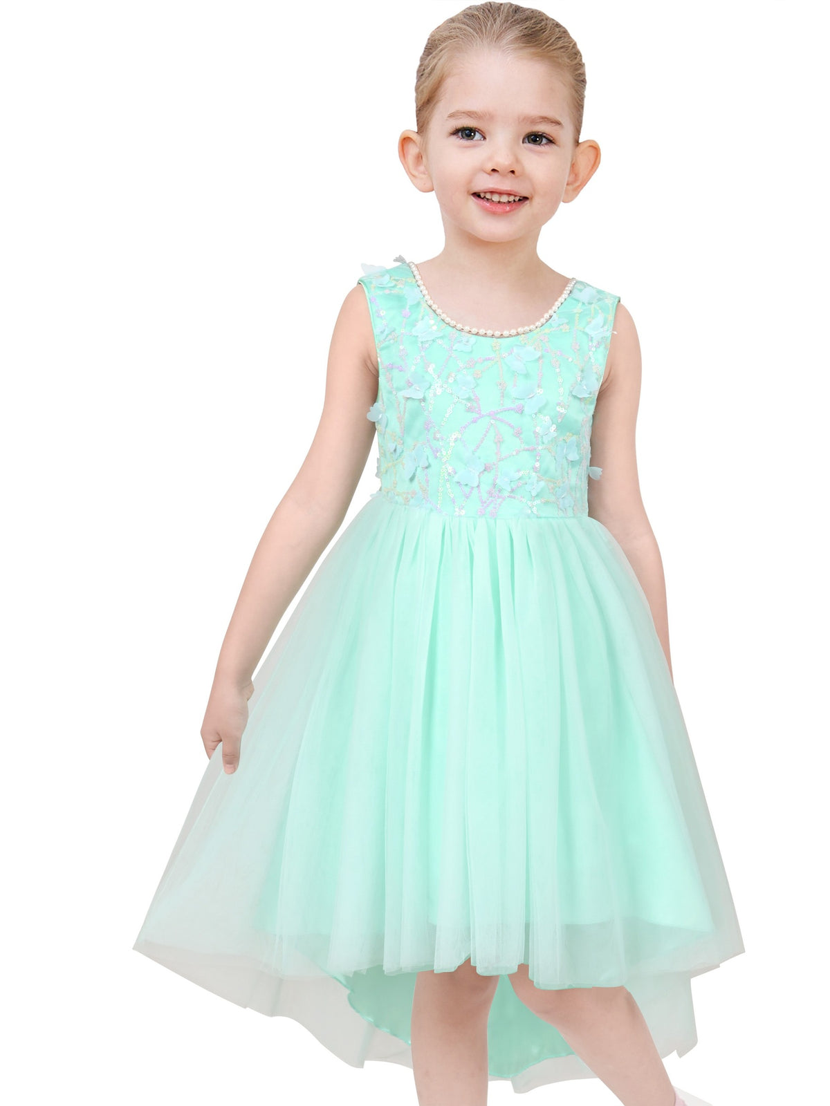 Girls Dress Sequin Mesh Party Wedding Princess Tulle Red - Turquoise Green