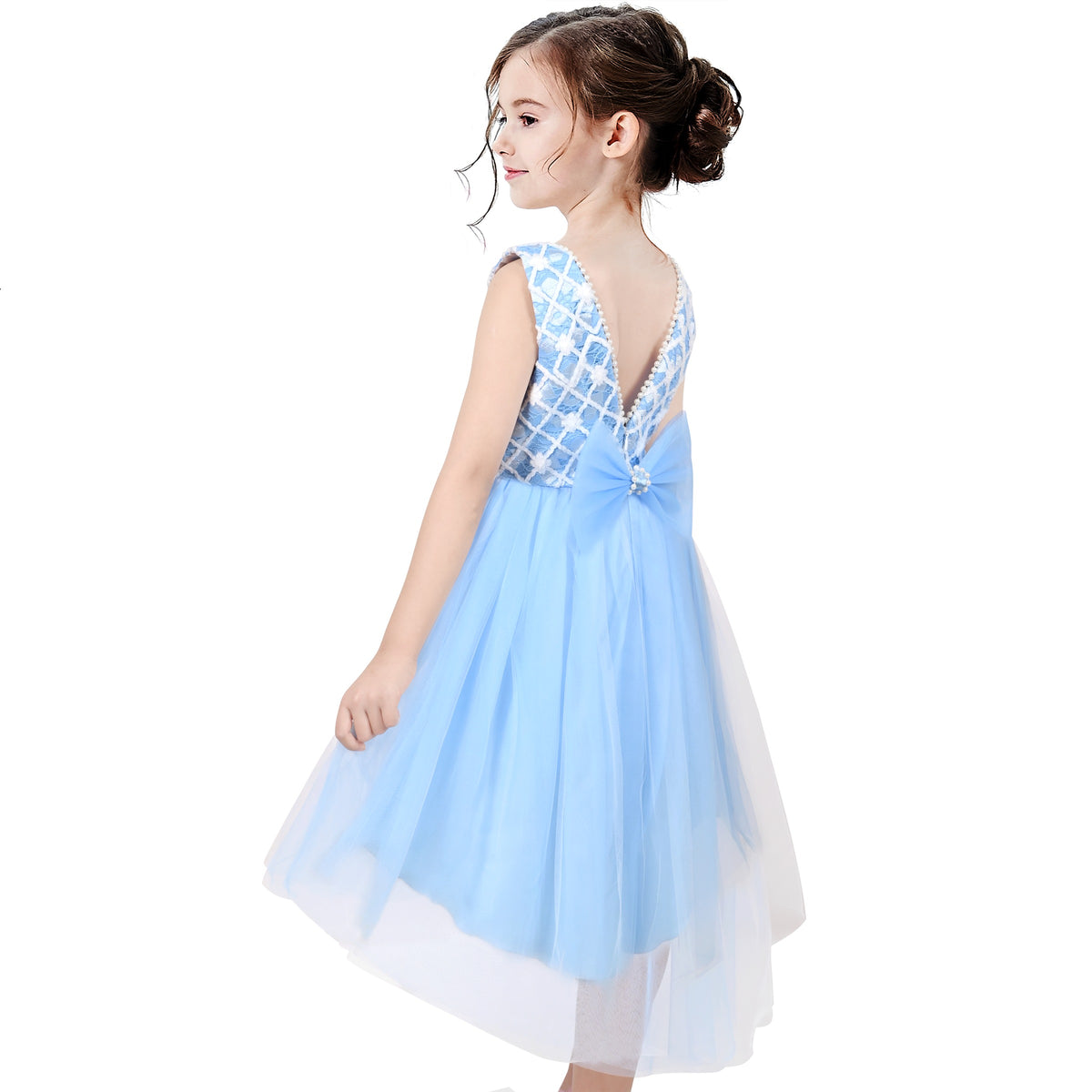 Girls Dress Sequin Mesh Party Wedding Princess Tulle Red - Light Blue