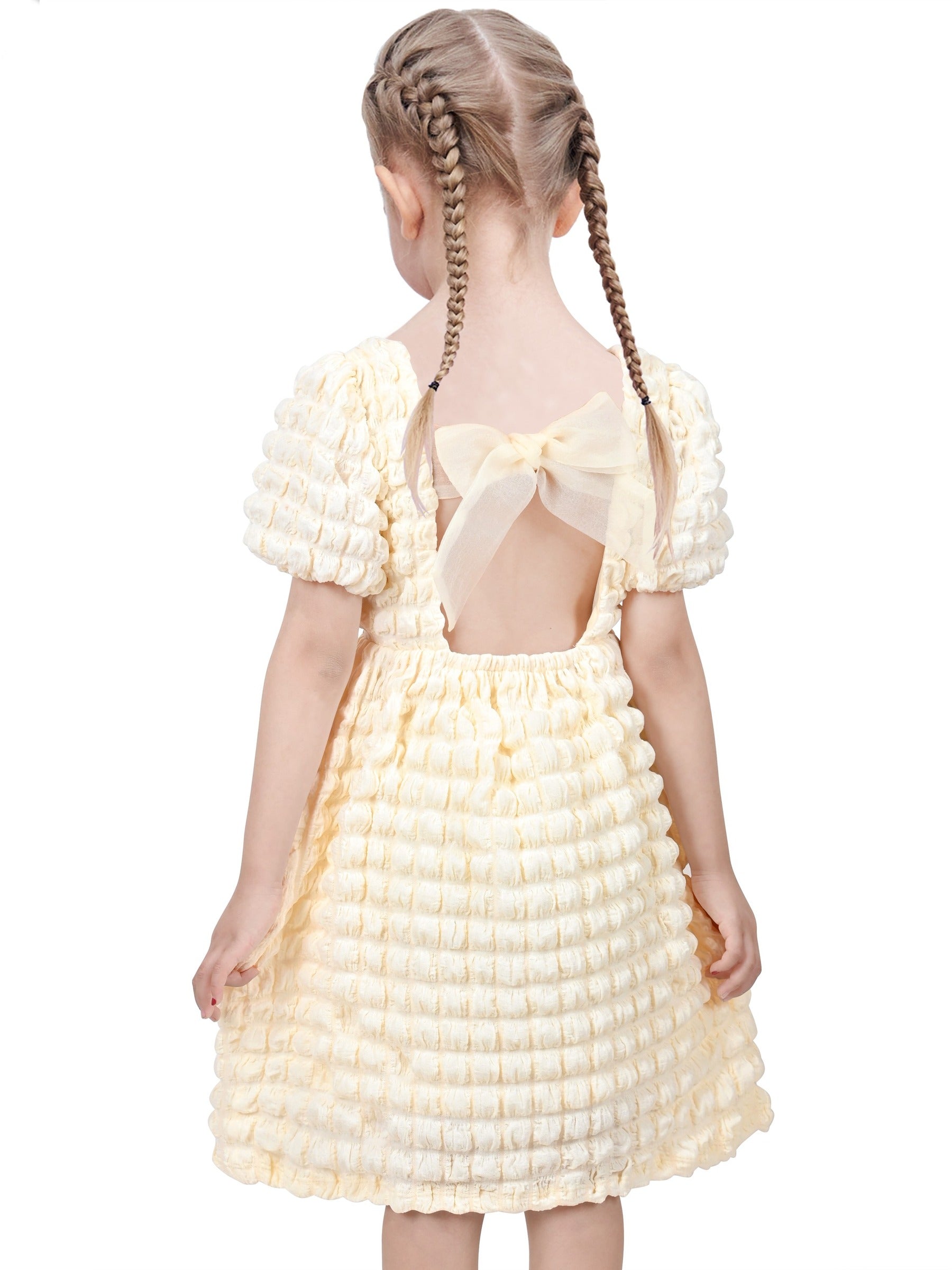 Girls Dress White Solid A-line Retro Puff Sleeve Casual Spring Summer Yellow