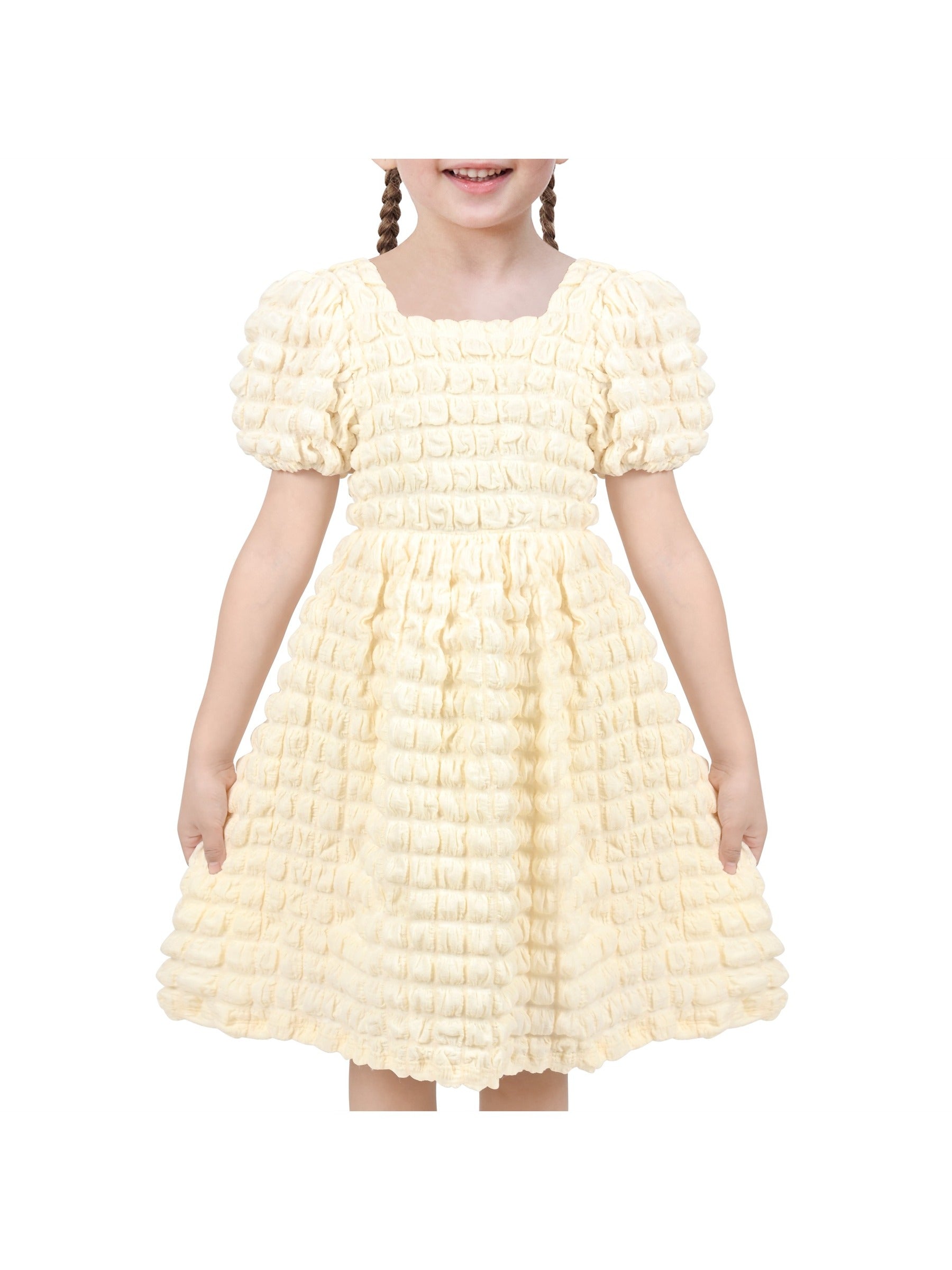 Girls Dress White Solid A-line Retro Puff Sleeve Casual Spring Summer Yellow