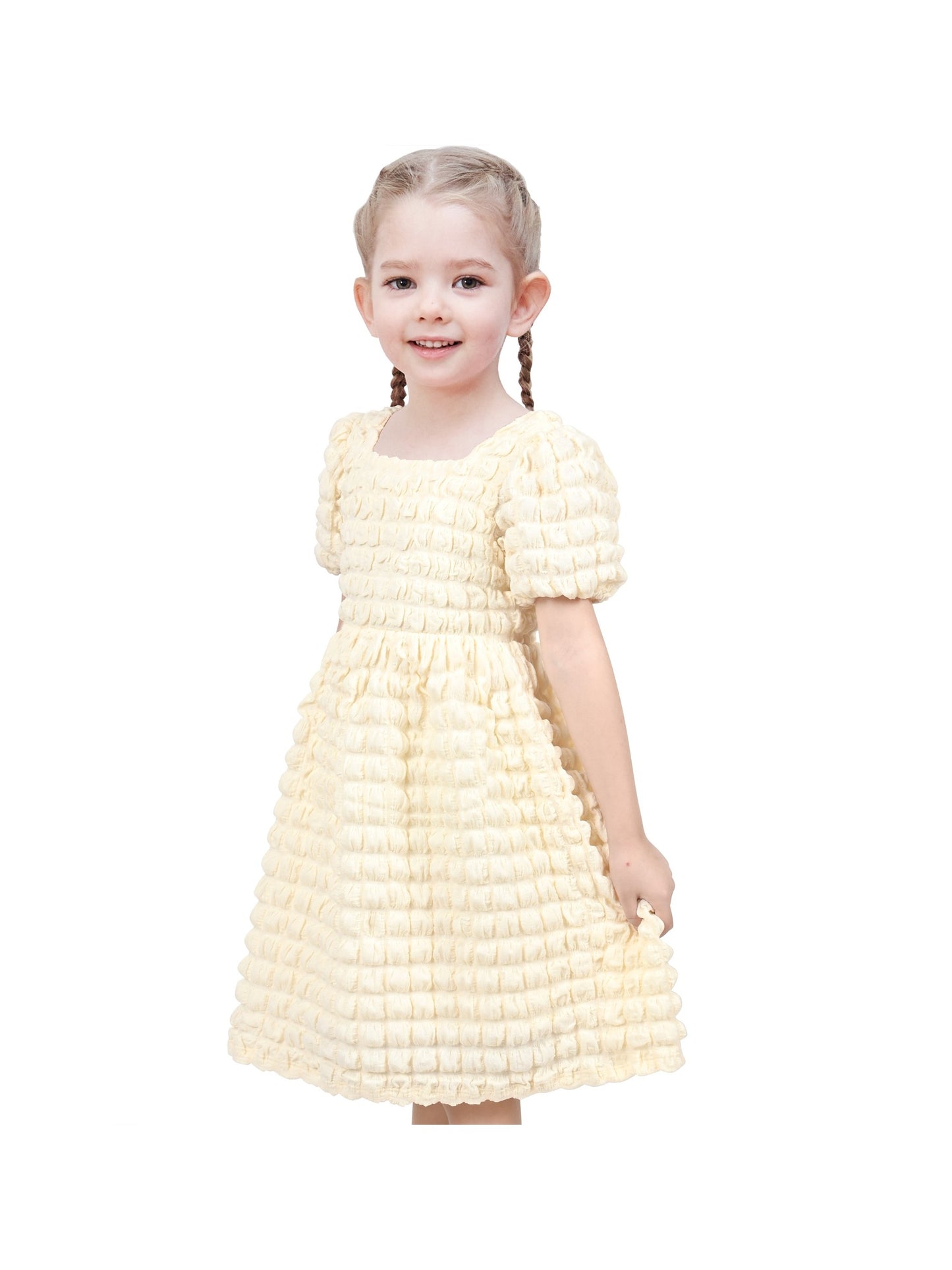 Girls Dress White Solid A-line Retro Puff Sleeve Casual Spring Summer Yellow