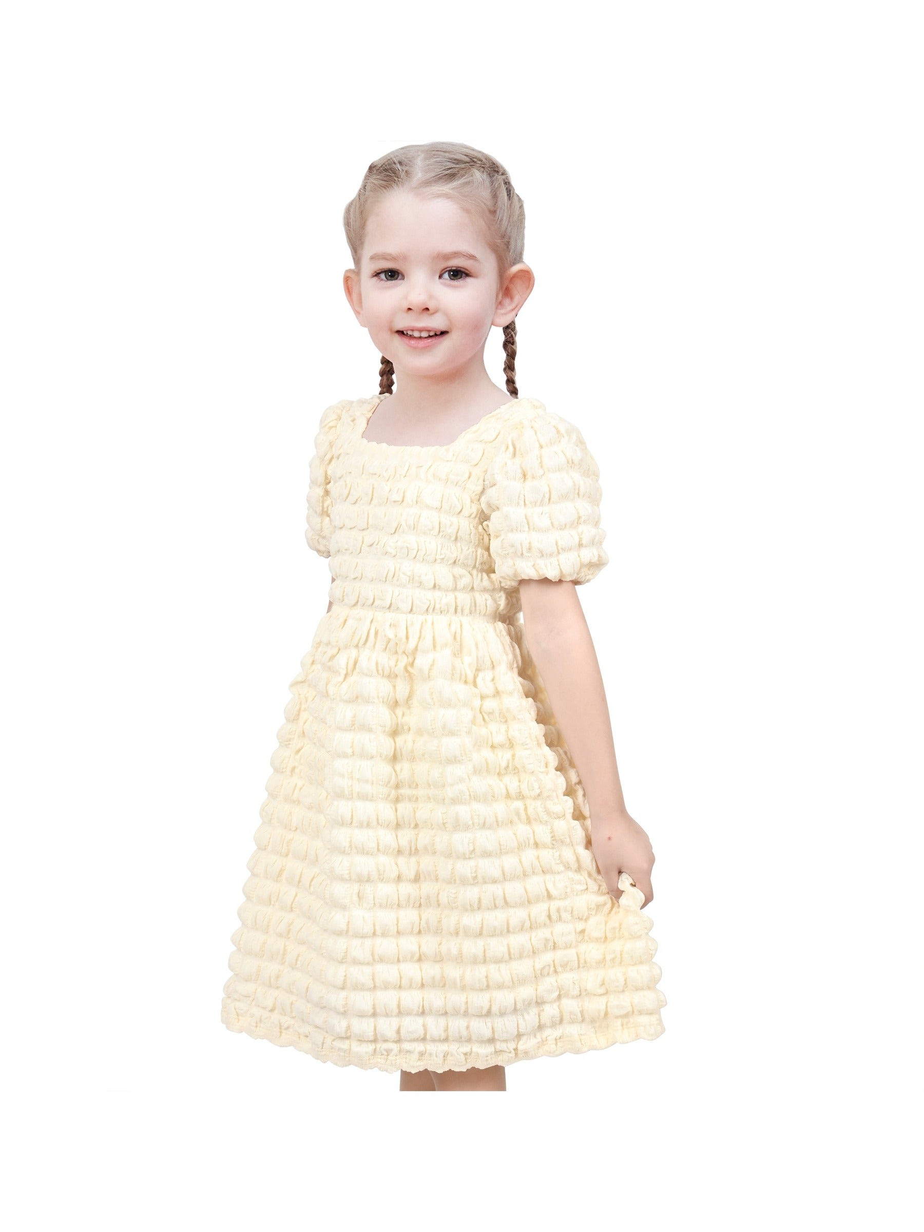 Girls Dress White Solid A-line Retro Puff Sleeve Casual Spring Summer Yellow