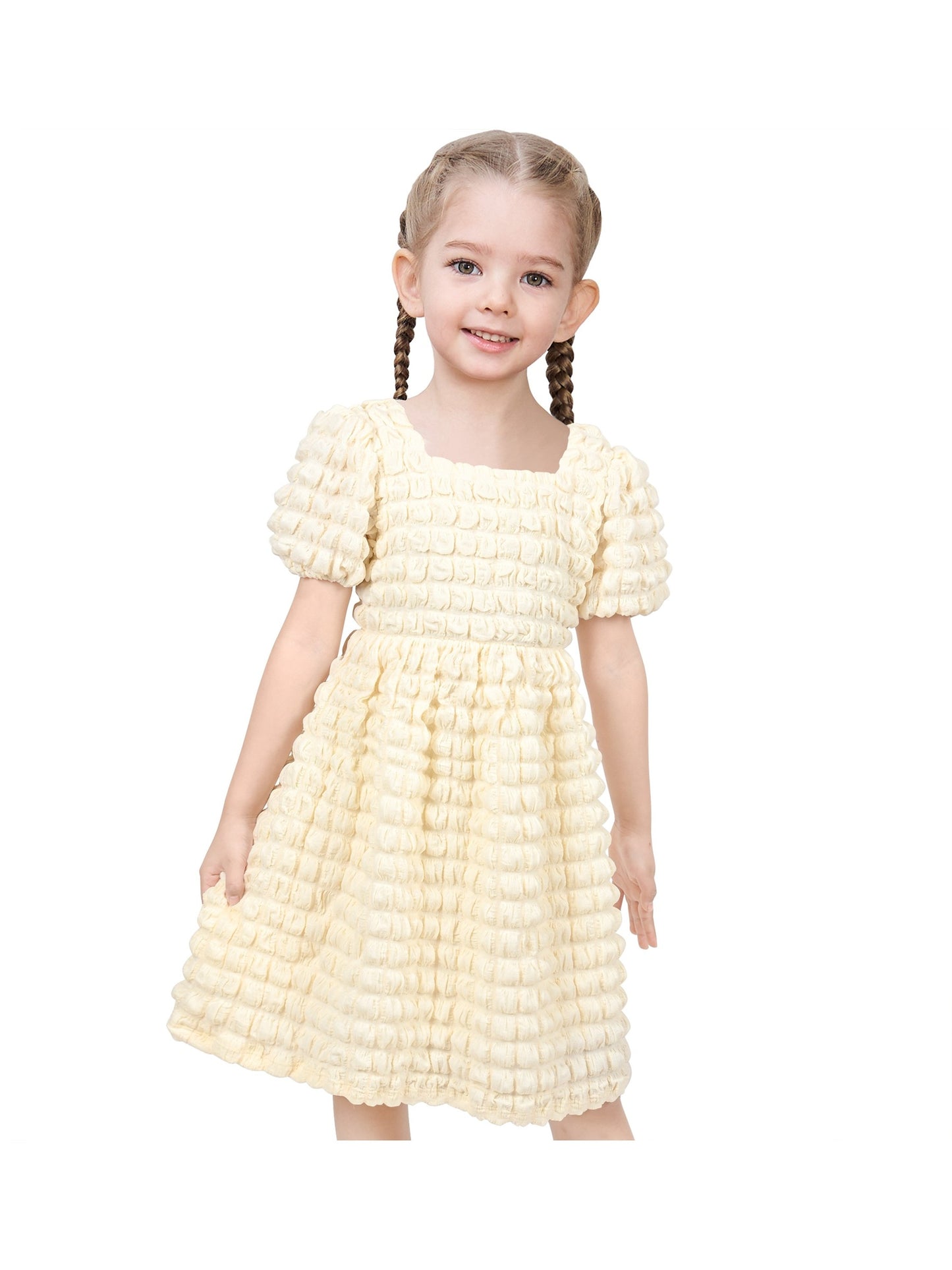Girls Dress White Solid A-line Retro Puff Sleeve Casual Spring Summer Yellow