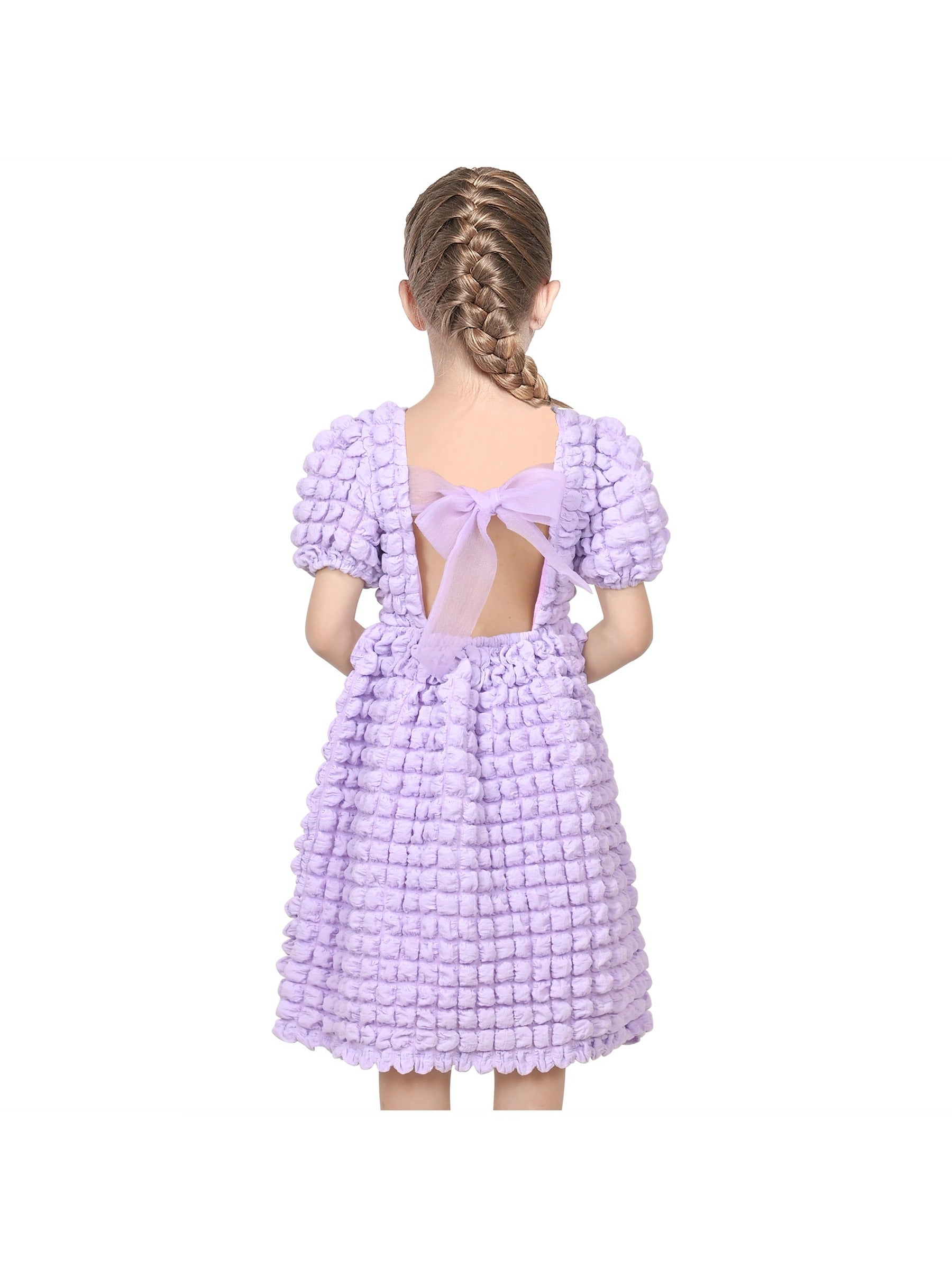 Girls Dress White Solid A-line Retro Puff Sleeve Casual Spring Summer Purple