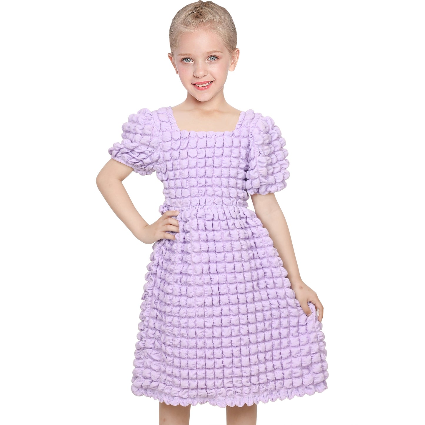Girls Dress White Solid A-line Retro Puff Sleeve Casual Spring Summer Purple