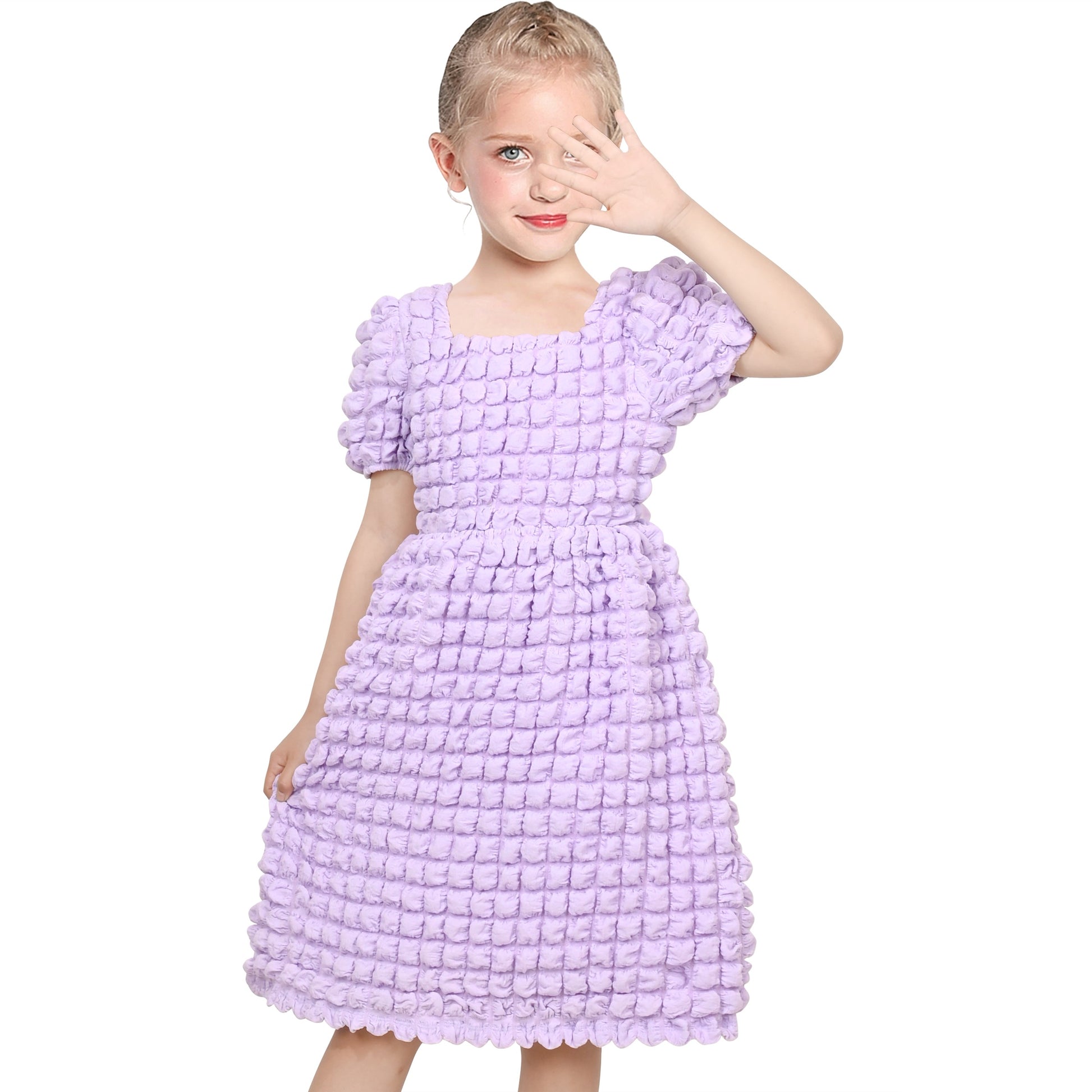 Girls Dress White Solid A-line Retro Puff Sleeve Casual Spring Summer Purple