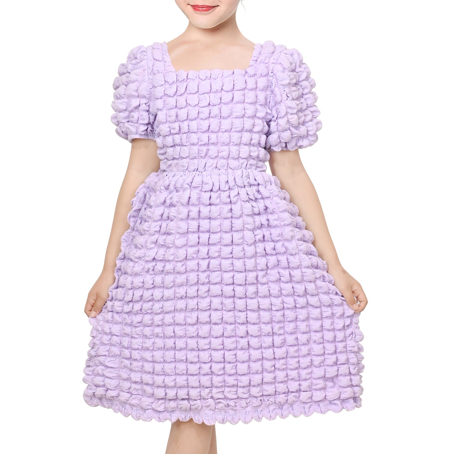 Girls Dress White Solid A-line Retro Puff Sleeve Casual Spring Summer Purple