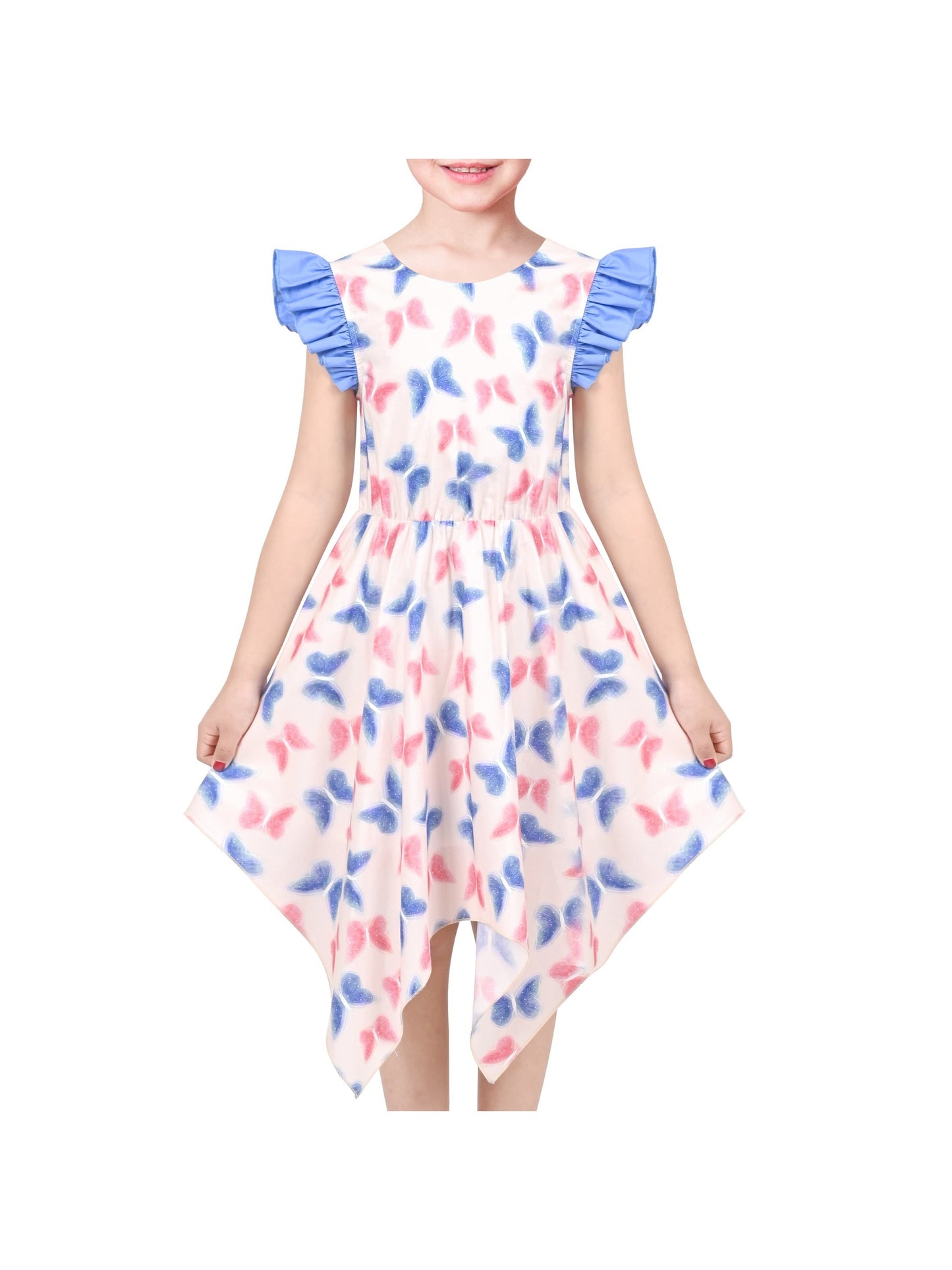 Girls Dress Butterfly Hollow Lace Bow Hanky Hem Ruffle Sleeve Sundress Blue