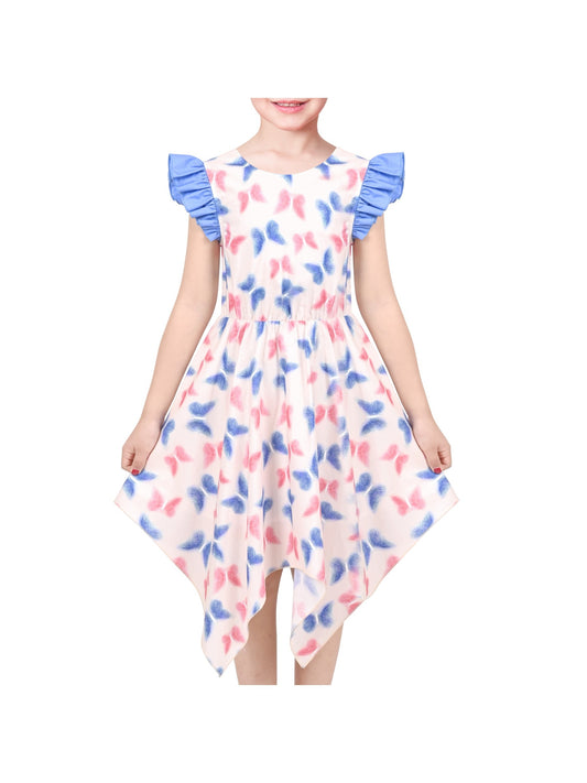 Girls Dress Butterfly Hollow Lace Bow Hanky Hem Ruffle Sleeve Sundress Blue
