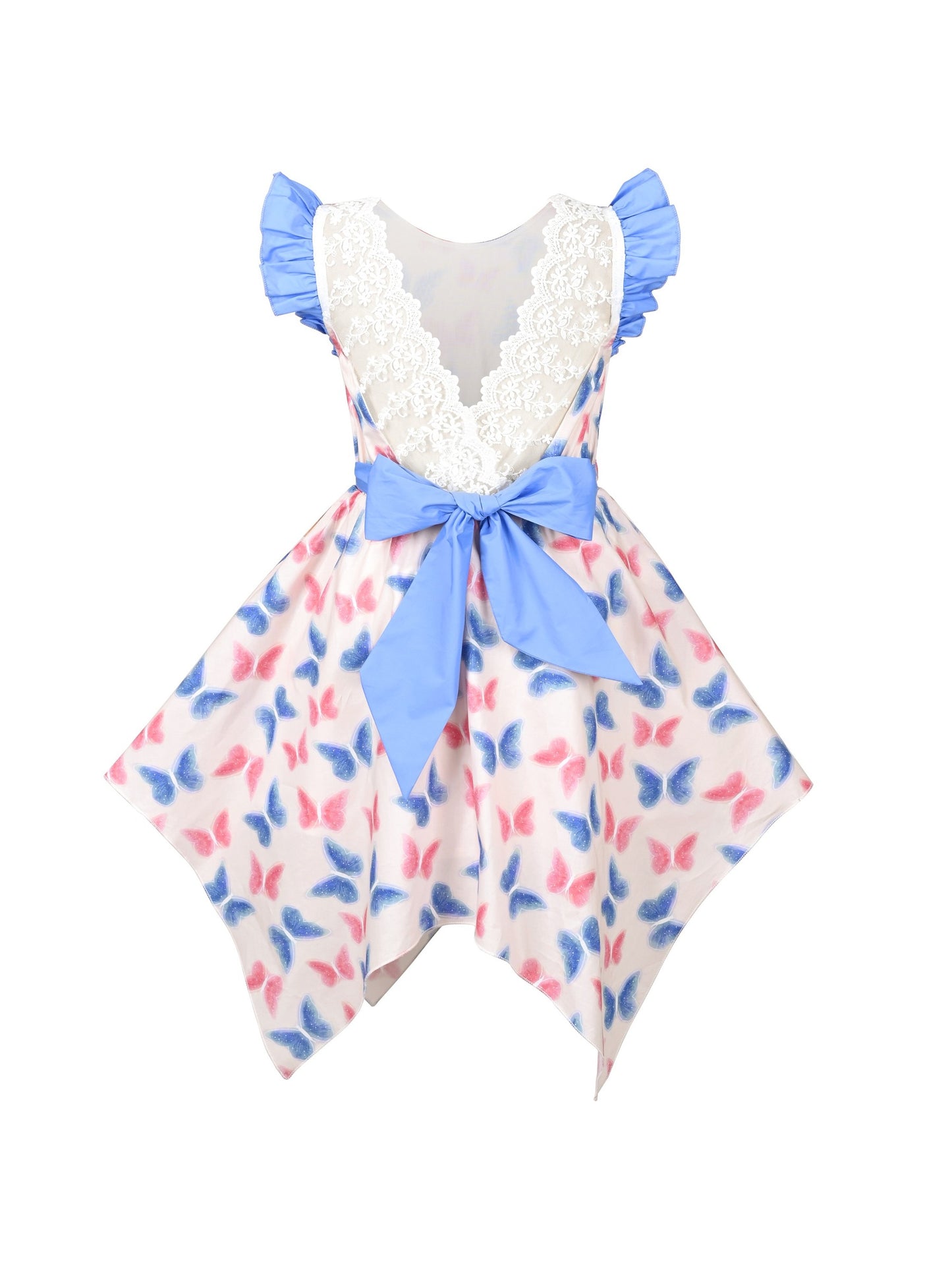 Girls Dress Butterfly Hollow Lace Bow Hanky Hem Ruffle Sleeve Sundress Blue