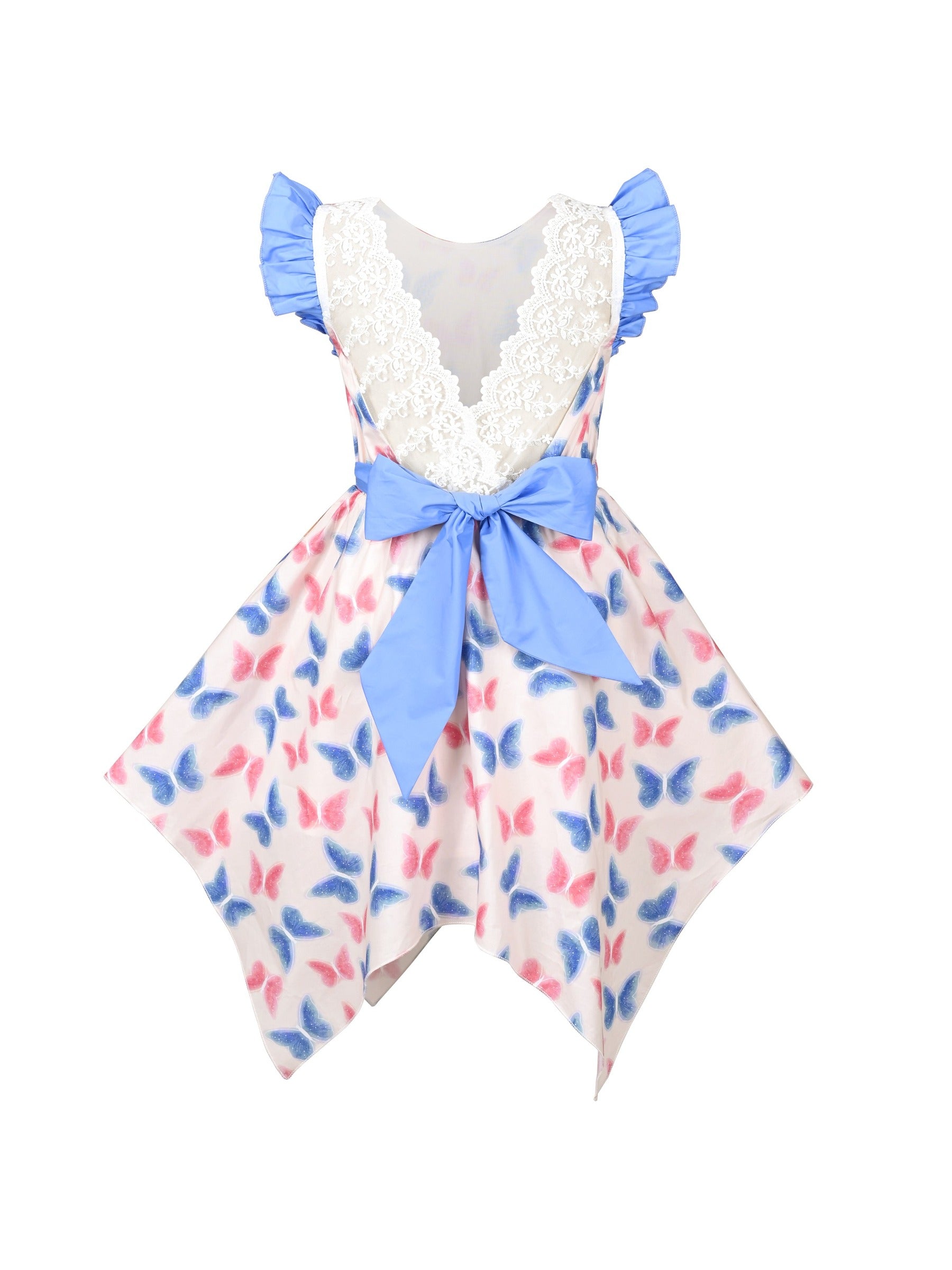 Girls Dress Butterfly Hollow Lace Bow Hanky Hem Ruffle Sleeve Sundress Blue