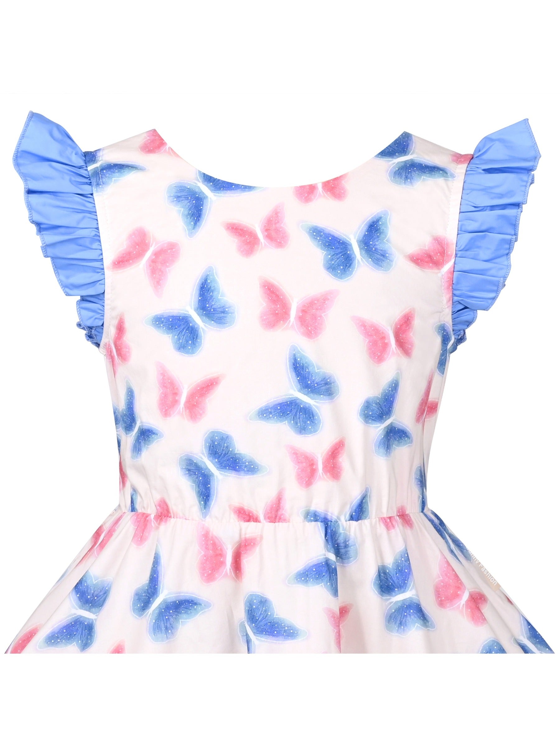 Girls Dress Butterfly Hollow Lace Bow Hanky Hem Ruffle Sleeve Sundress Blue