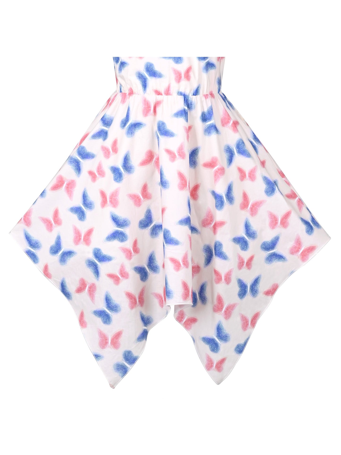 Girls Dress Butterfly Hollow Lace Bow Hanky Hem Ruffle Sleeve Sundress Blue