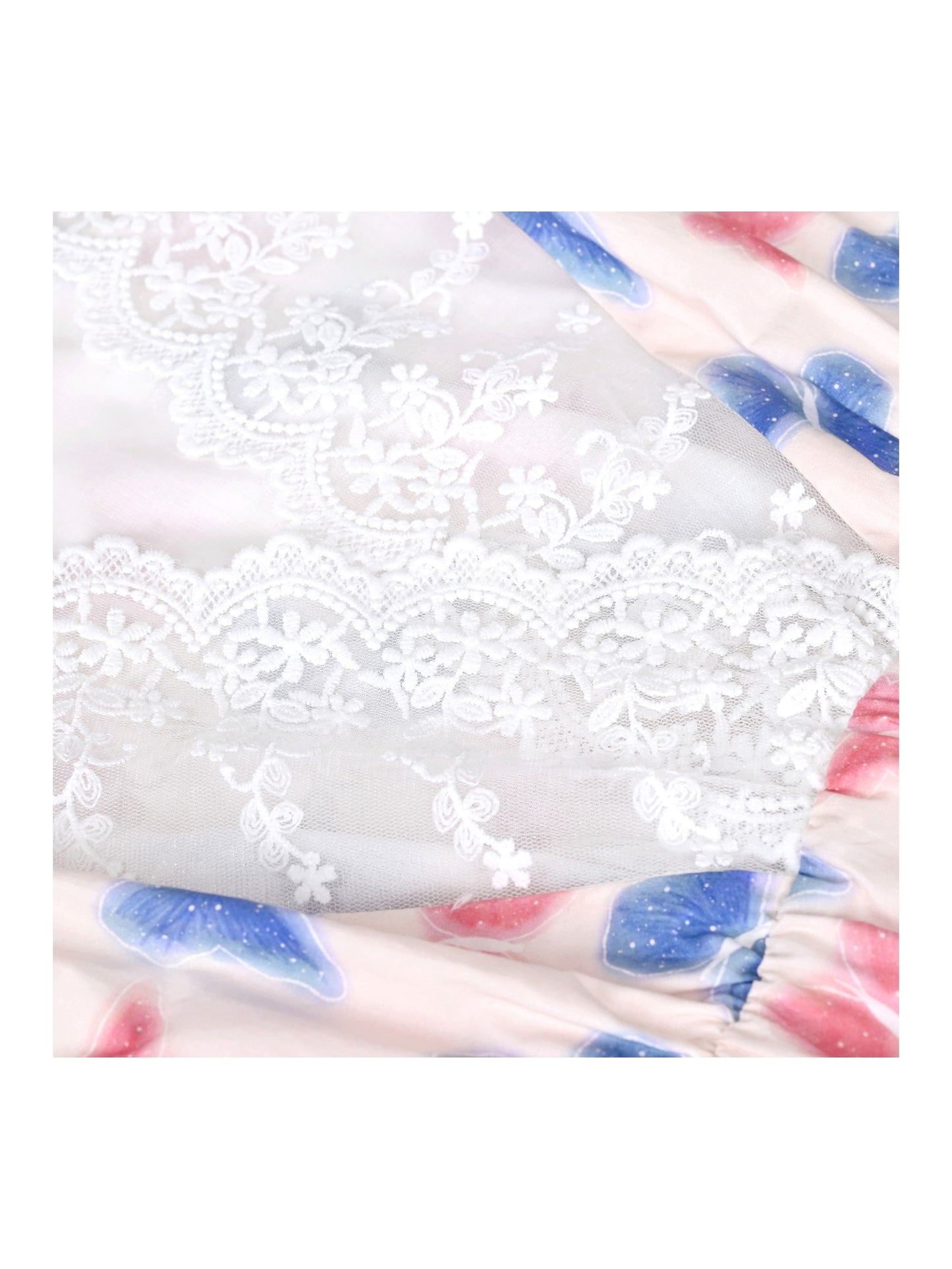Girls Dress Butterfly Hollow Lace Bow Hanky Hem Ruffle Sleeve Sundress Blue