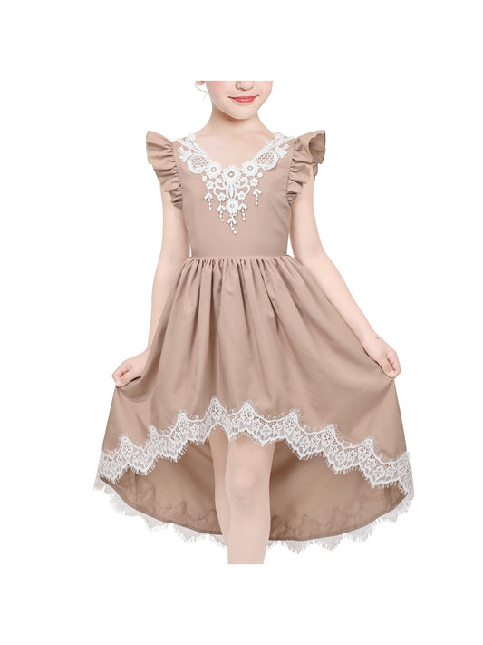 Flower Girls Dress Blue Hi-lo Lace V Back Fancy Wedding Brown