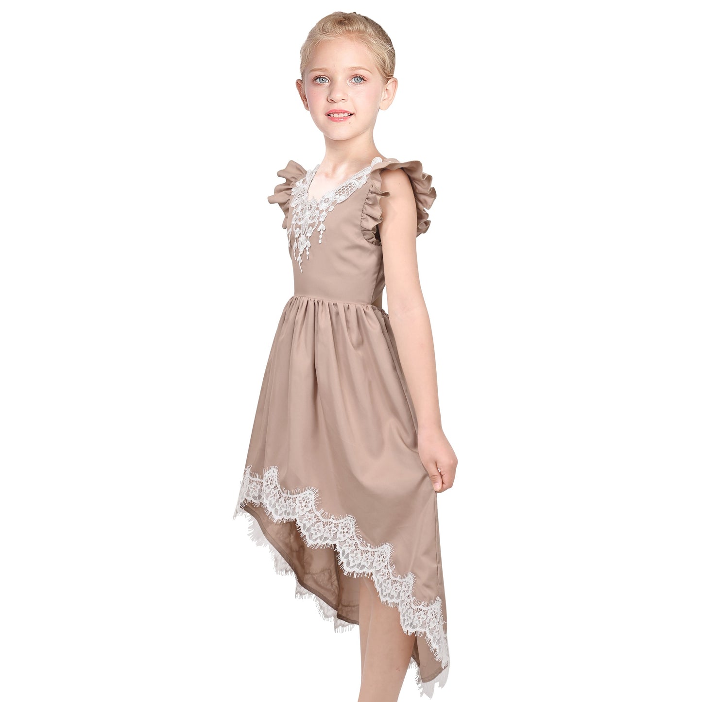 Flower Girls Dress Blue Hi-lo Lace V Back Fancy Wedding Brown