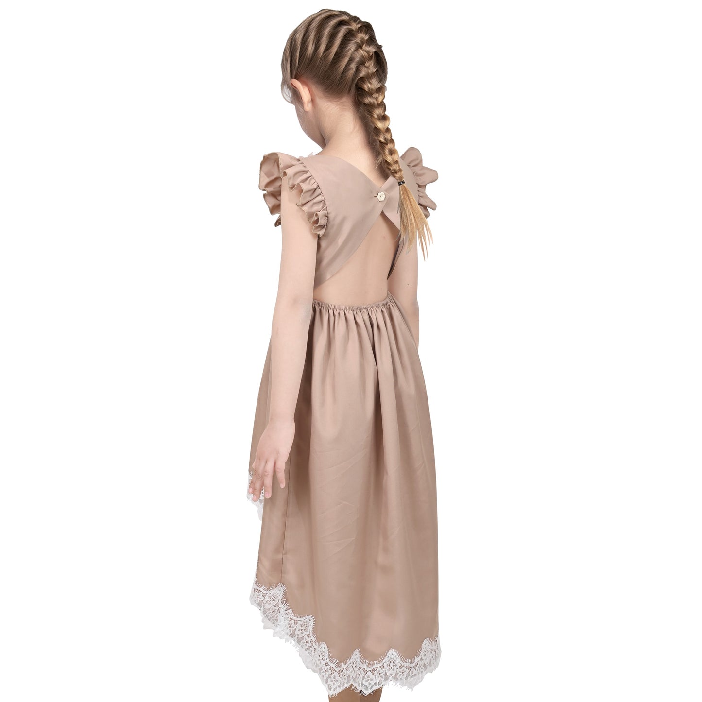 Flower Girls Dress Blue Hi-lo Lace V Back Fancy Wedding Brown
