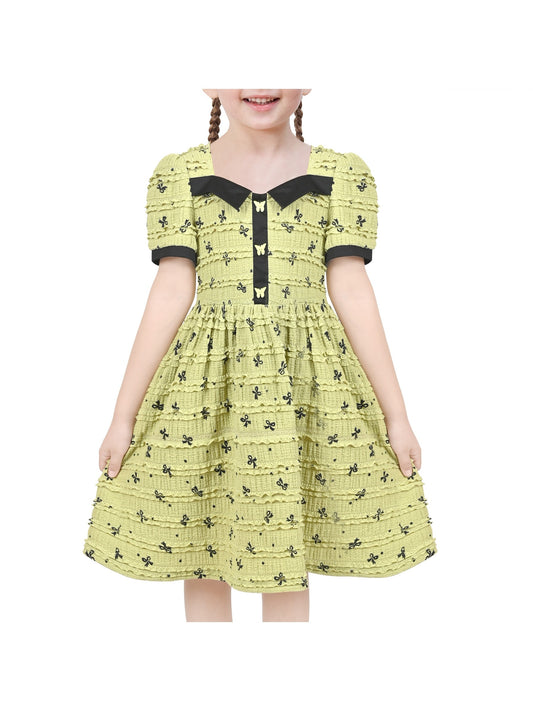 Girls Dress Green Butterfly Ruffle Lace Trim Soft Short Sleeve Summer Yellow