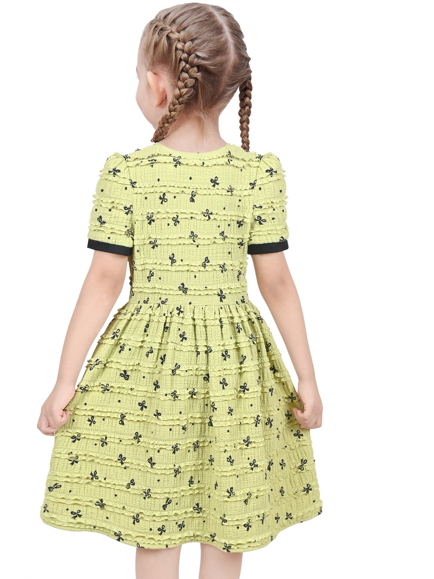 Girls Dress Green Butterfly Ruffle Lace Trim Soft Short Sleeve Summer Yellow