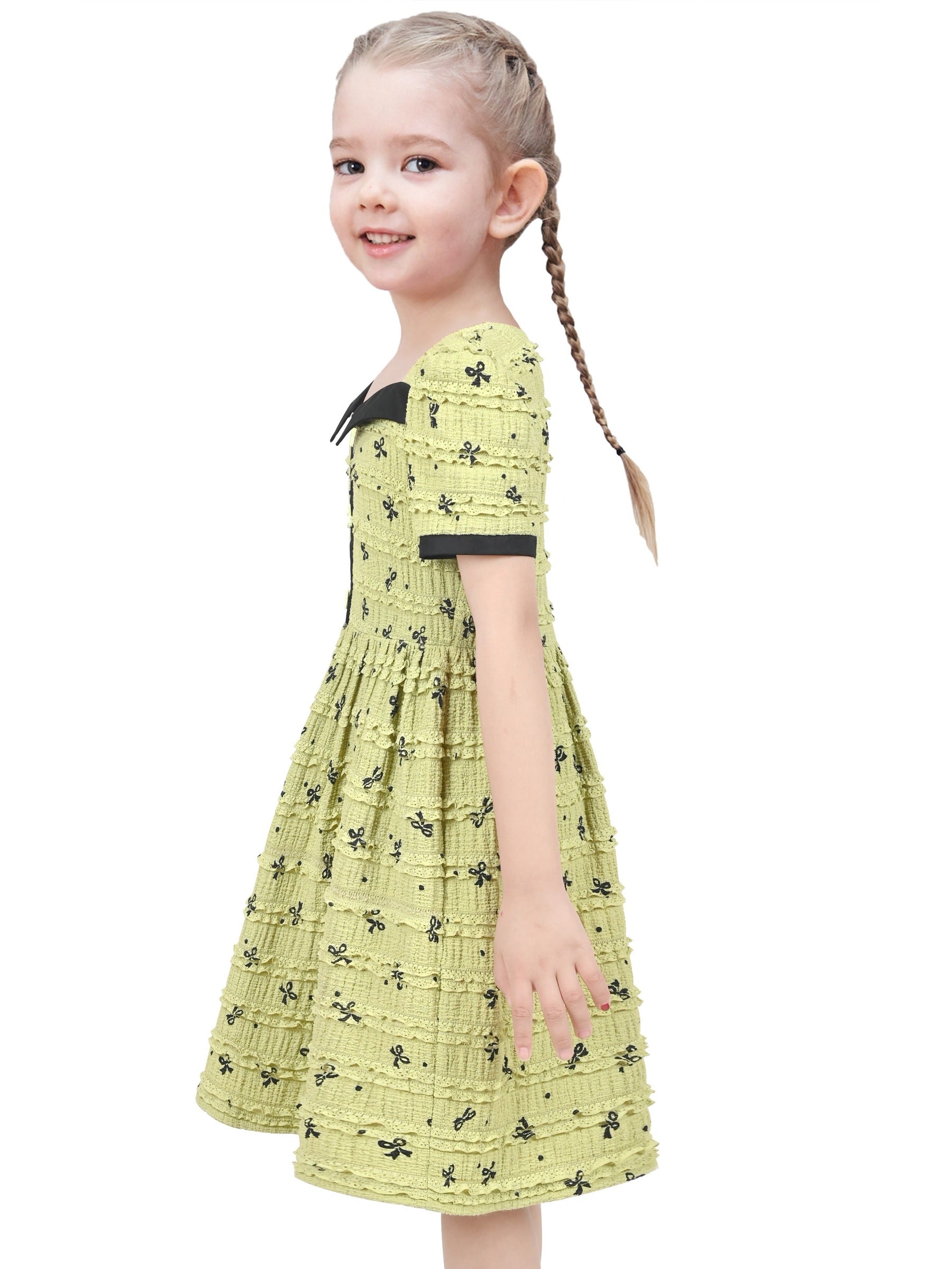 Girls Dress Green Butterfly Ruffle Lace Trim Soft Short Sleeve Summer Yellow