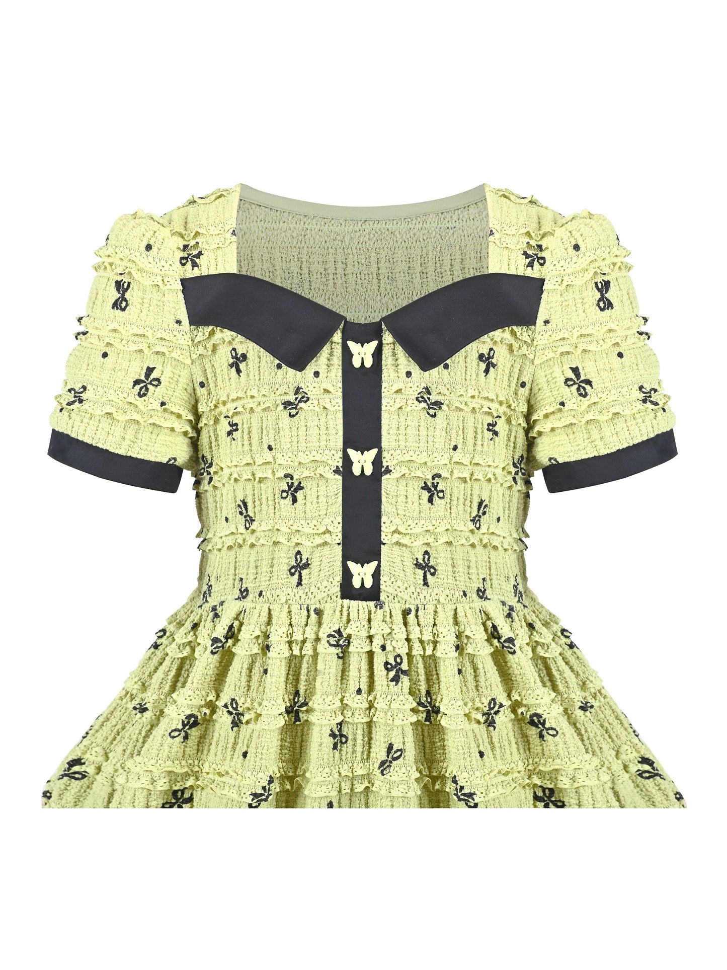 Girls Dress Green Butterfly Ruffle Lace Trim Soft Short Sleeve Summer Yellow