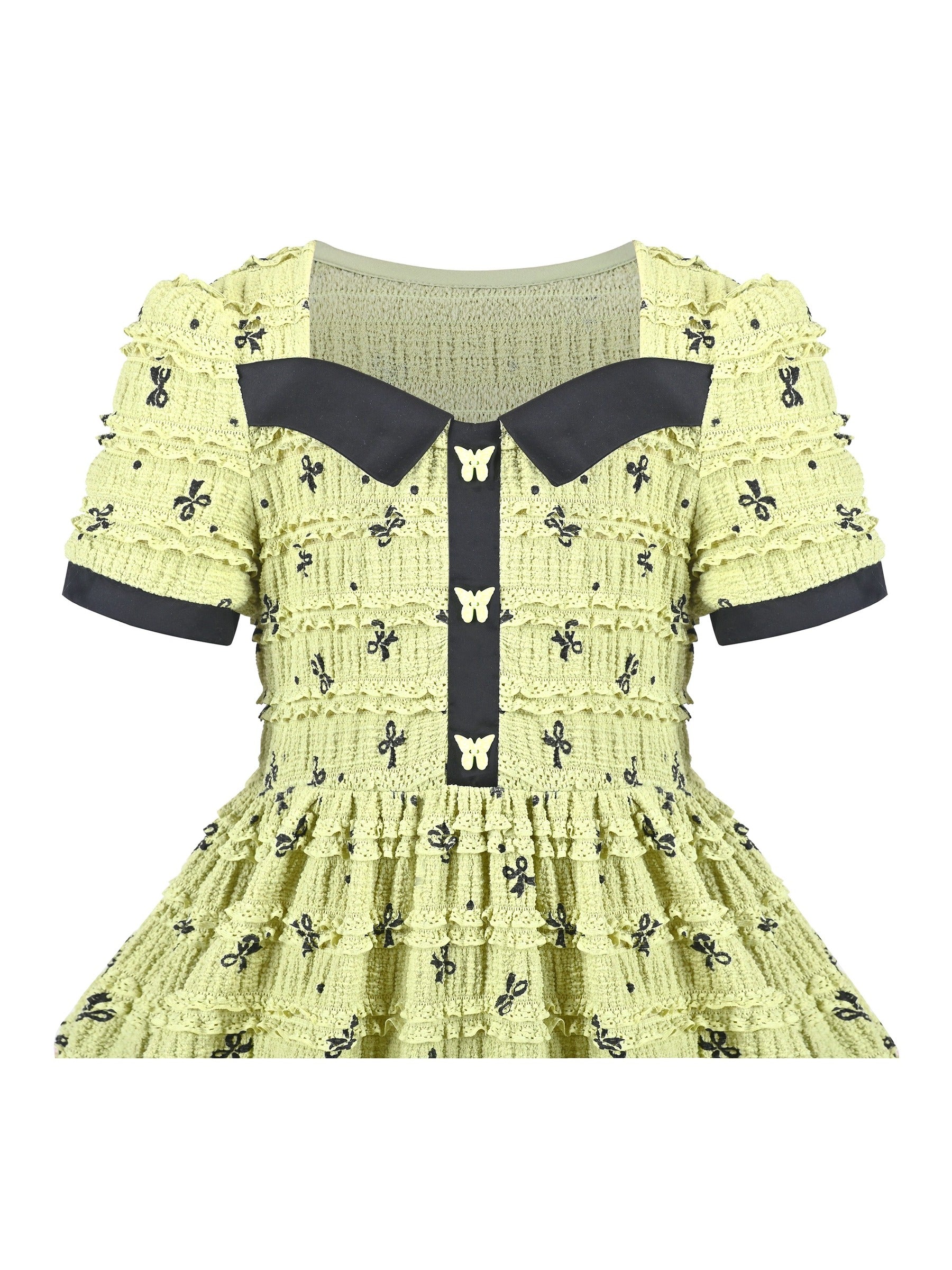 Girls Dress Green Butterfly Ruffle Lace Trim Soft Short Sleeve Summer Yellow