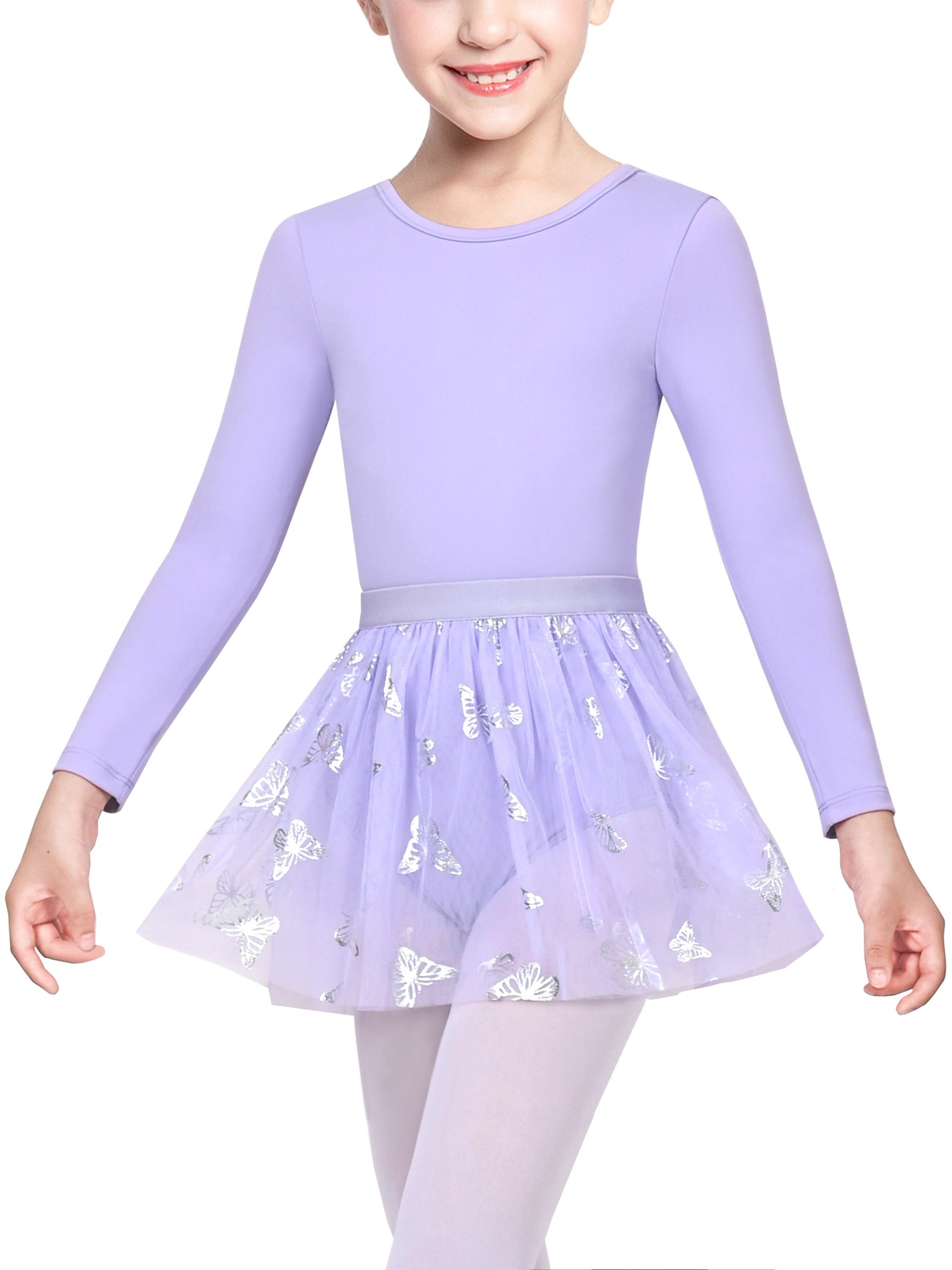 Girls Dress 2 Piece Set Purple Ballet Leotard Butterfly Tulle Long Sleeve Purple