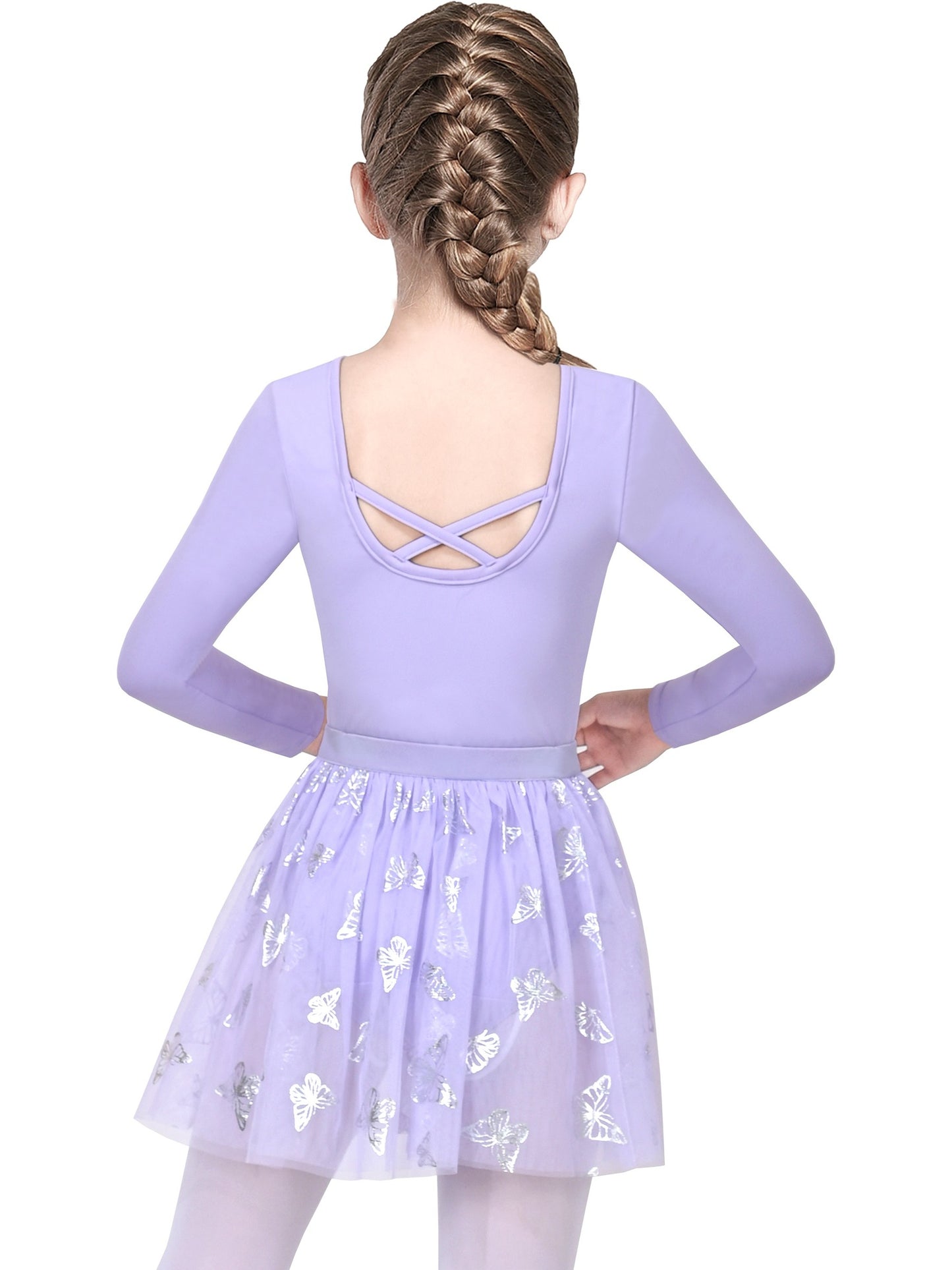 Girls Dress 2 Piece Set Purple Ballet Leotard Butterfly Tulle Long Sleeve Purple
