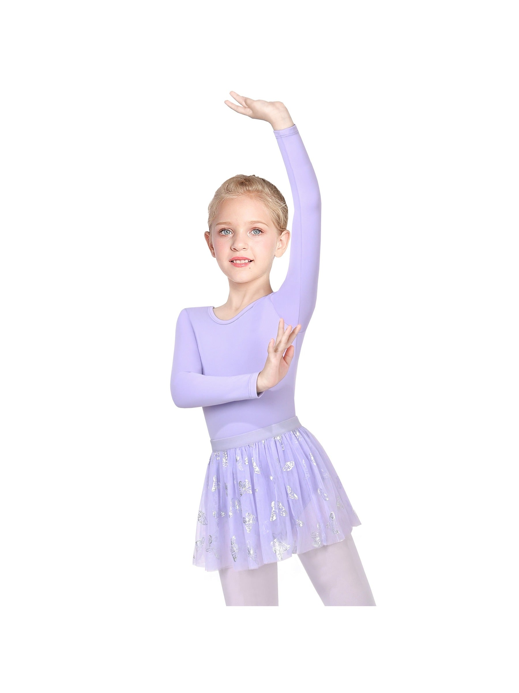 Girls Dress 2 Piece Set Purple Ballet Leotard Butterfly Tulle Long Sleeve Purple
