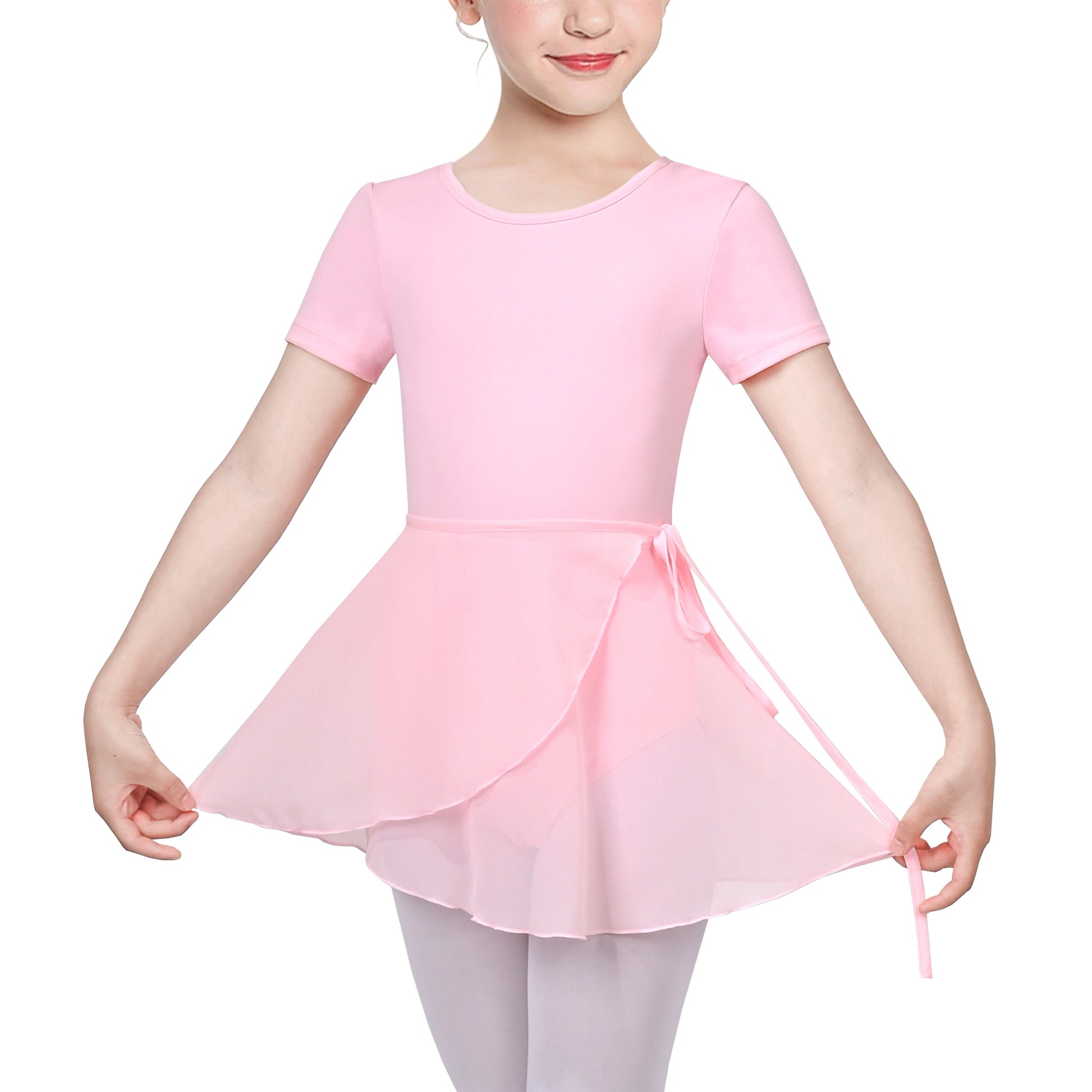 Girls Dress 2 Piece Set Pink Wrap Style Ballet Basic Leotard Short Sleeve Pink