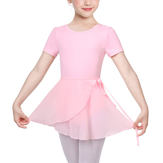 Girls Dress 2 Piece Set Pink Wrap Style Ballet Basic Leotard Short Sleeve Pink