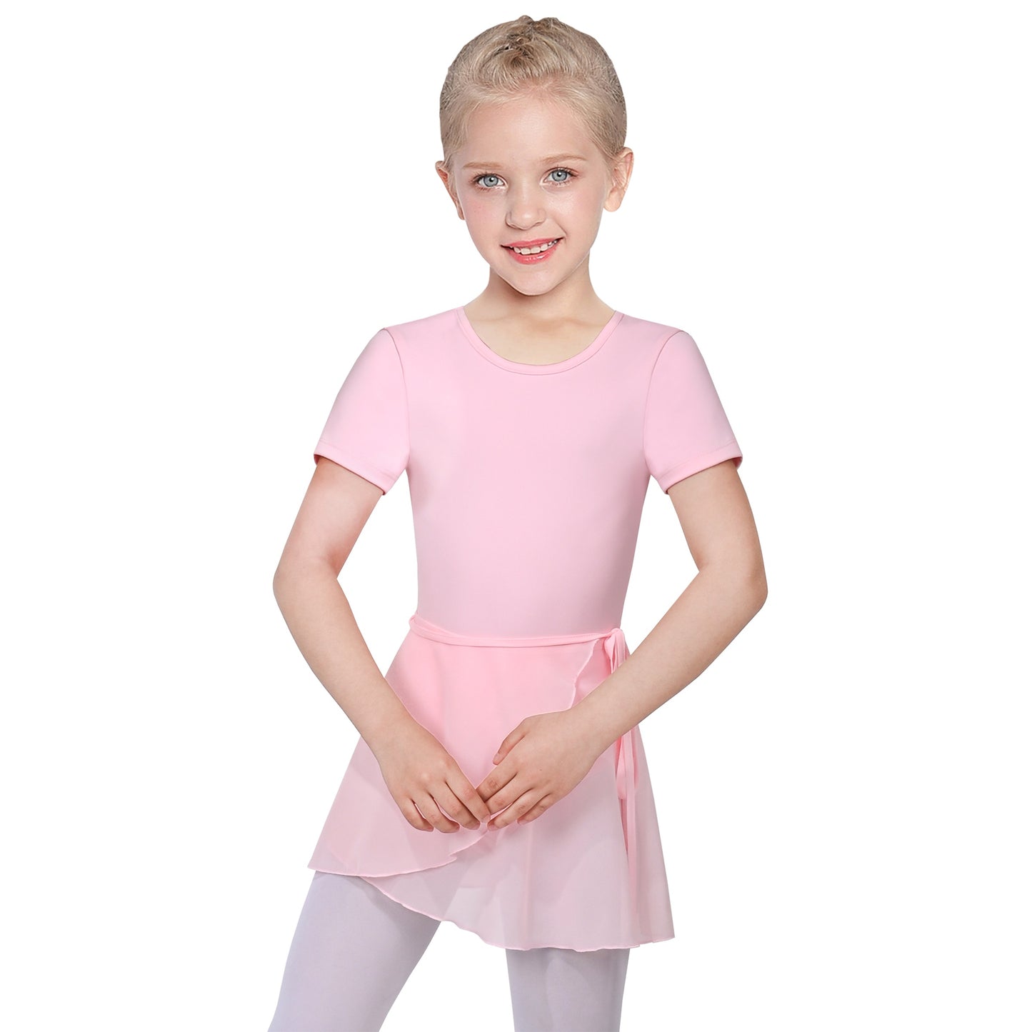 Girls Dress 2 Piece Set Pink Wrap Style Ballet Basic Leotard Short Sleeve Pink