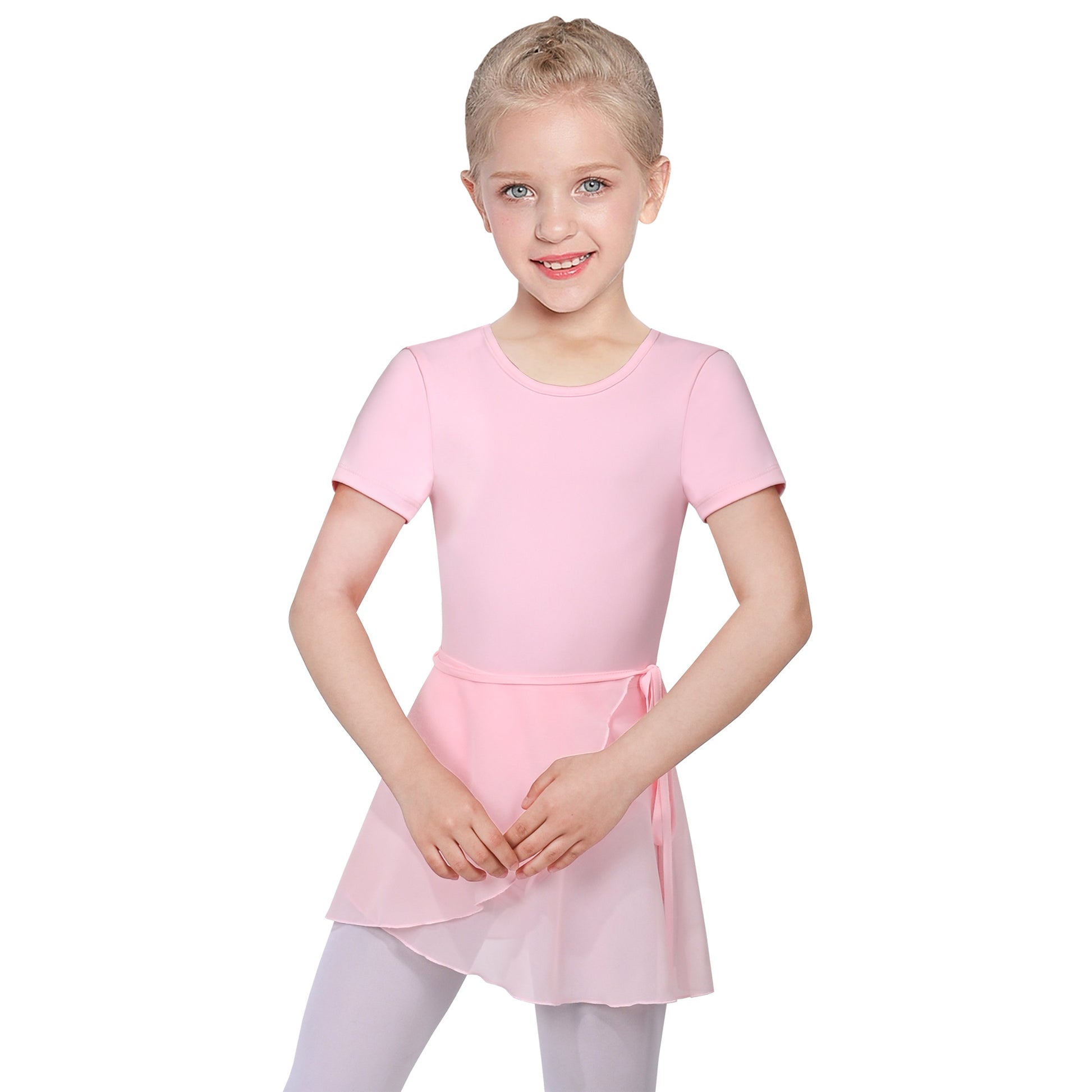 Girls Dress 2 Piece Set Pink Wrap Style Ballet Basic Leotard Short Sleeve Pink