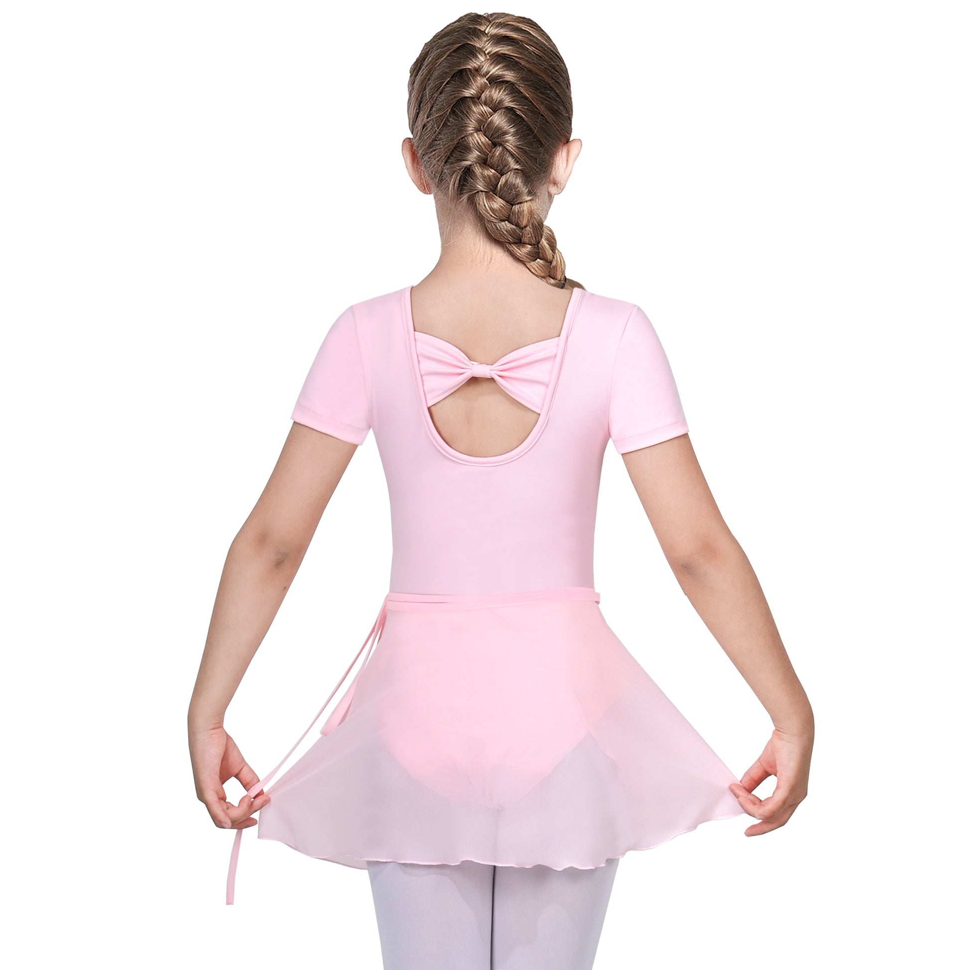 Girls Dress 2 Piece Set Pink Wrap Style Ballet Basic Leotard Short Sleeve Pink