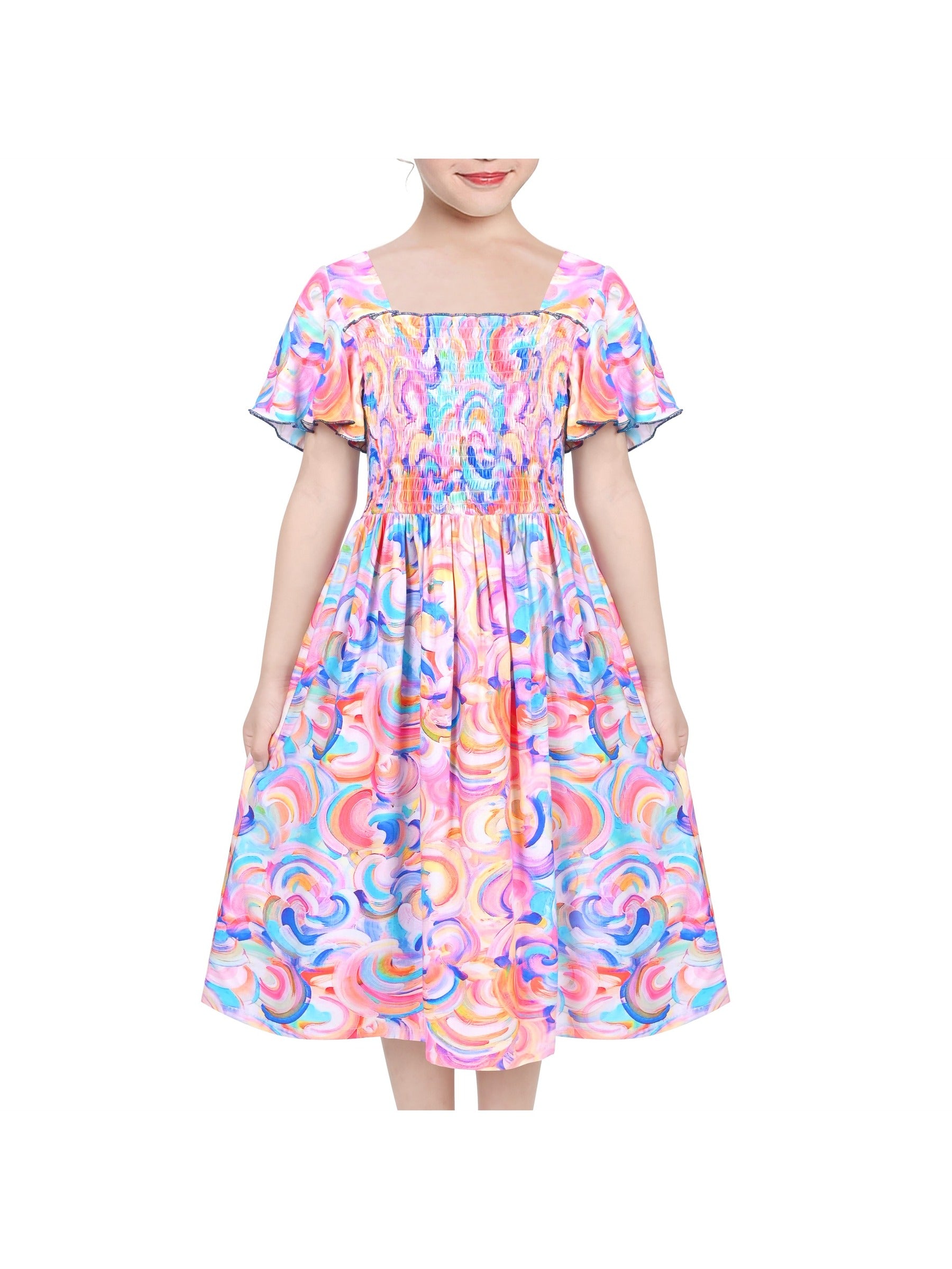 Girls Dress Rainbow Colorful Swirl Tie Dye Ruffle Square Neck Casual Blue