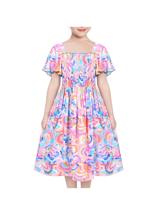 Girls Dress Rainbow Colorful Swirl Tie Dye Ruffle Square Neck Casual Blue