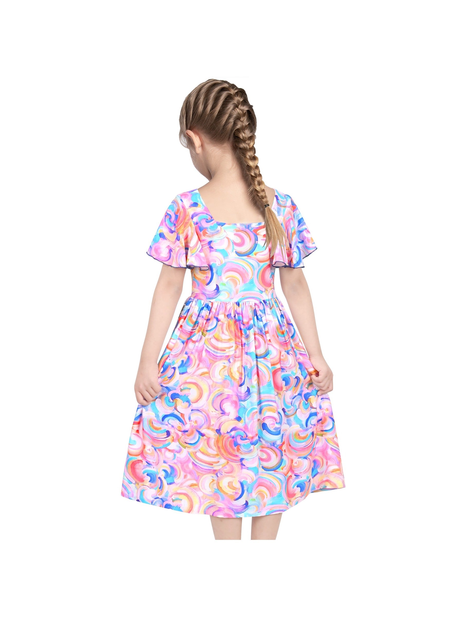 Girls Dress Rainbow Colorful Swirl Tie Dye Ruffle Square Neck Casual Blue