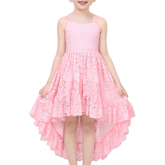 Girls Dress Lilac Lace Floral Hi-lo Strap Summer Holiday Elegant Princess Pink