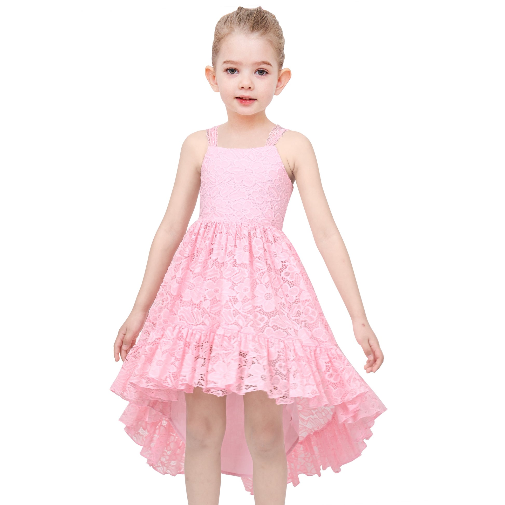 Girls Dress Lilac Lace Floral Hi-lo Strap Summer Holiday Elegant Princess Pink