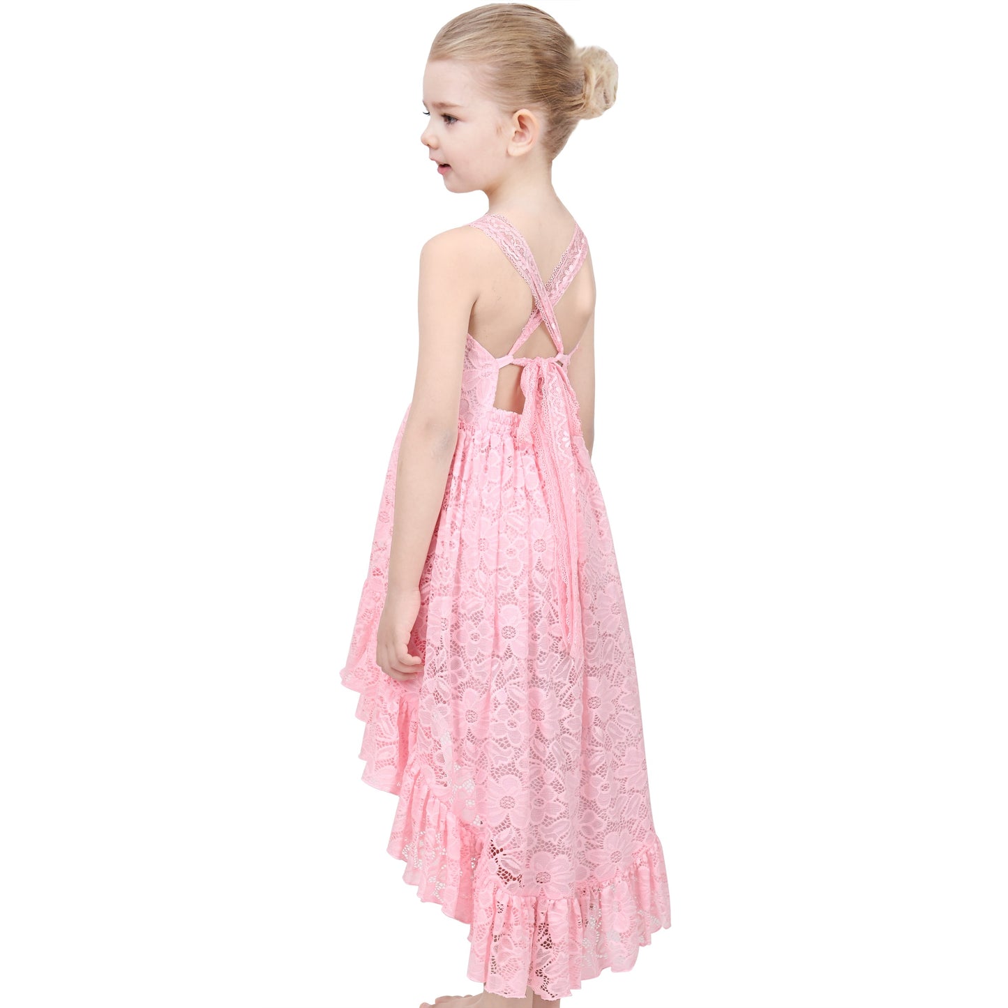 Girls Dress Lilac Lace Floral Hi-lo Strap Summer Holiday Elegant Princess Pink