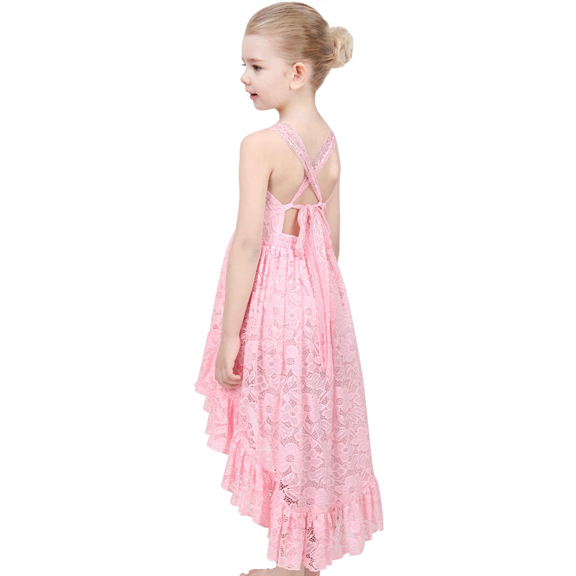 Girls Dress Lilac Lace Floral Hi-lo Strap Summer Holiday Elegant Princess Pink