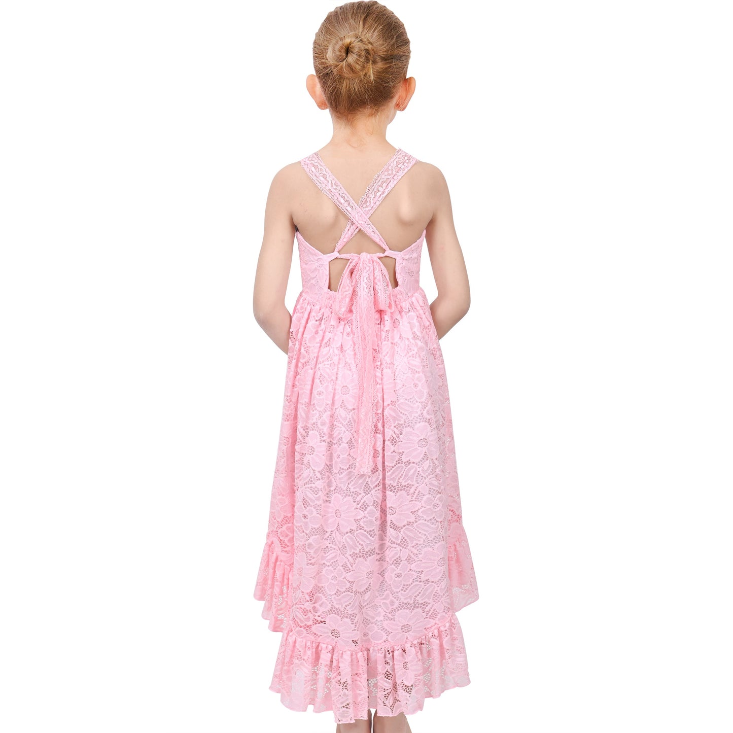 Girls Dress Lilac Lace Floral Hi-lo Strap Summer Holiday Elegant Princess Pink