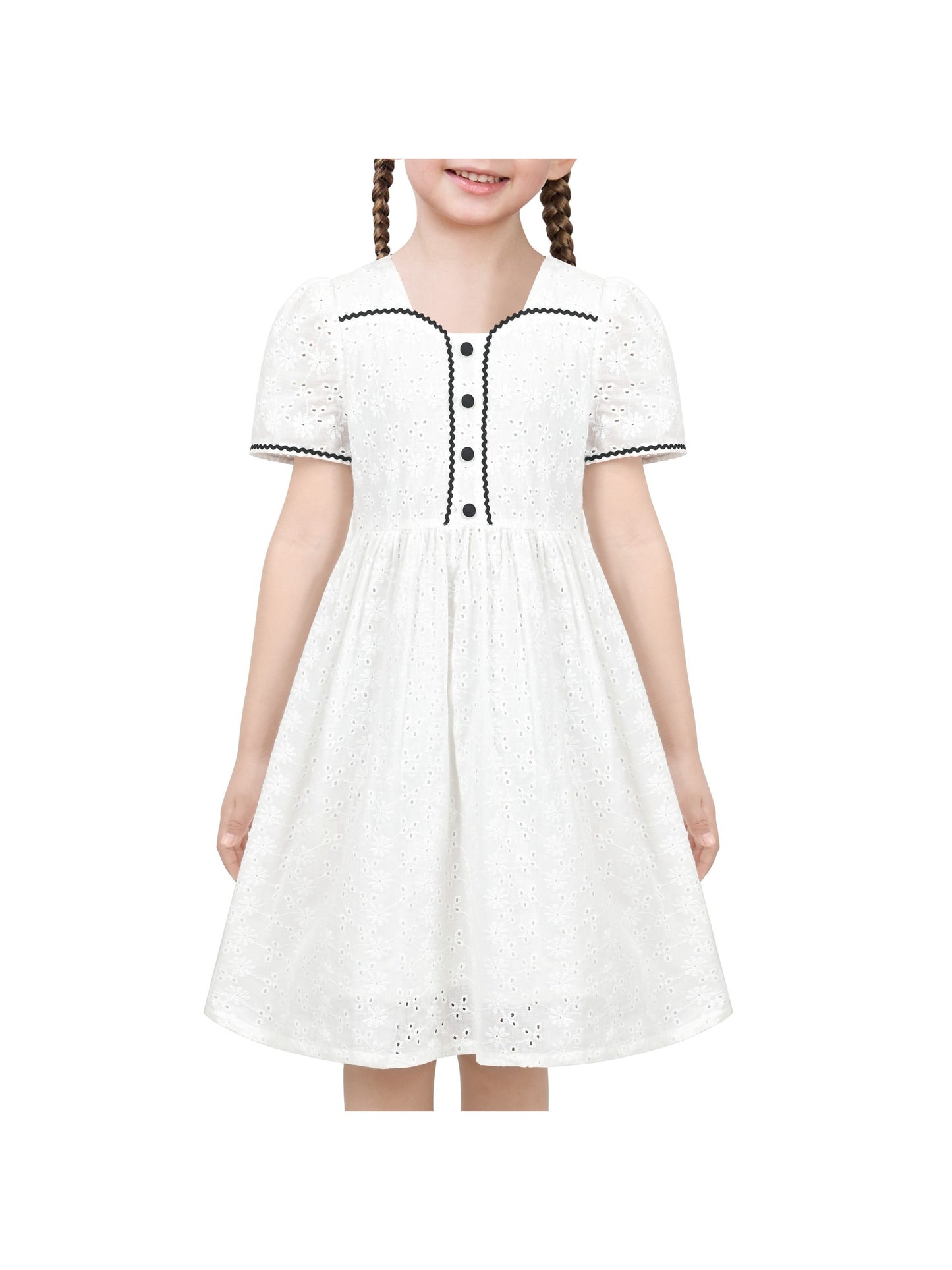 Girls Dress Green Butterfly Ruffle Lace Trim Soft Short Sleeve Summer White