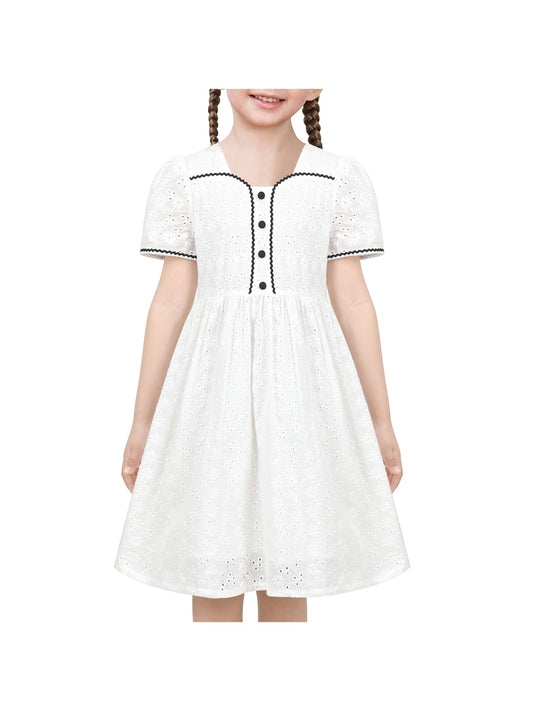 Girls Dress Green Butterfly Ruffle Lace Trim Soft Short Sleeve Summer White