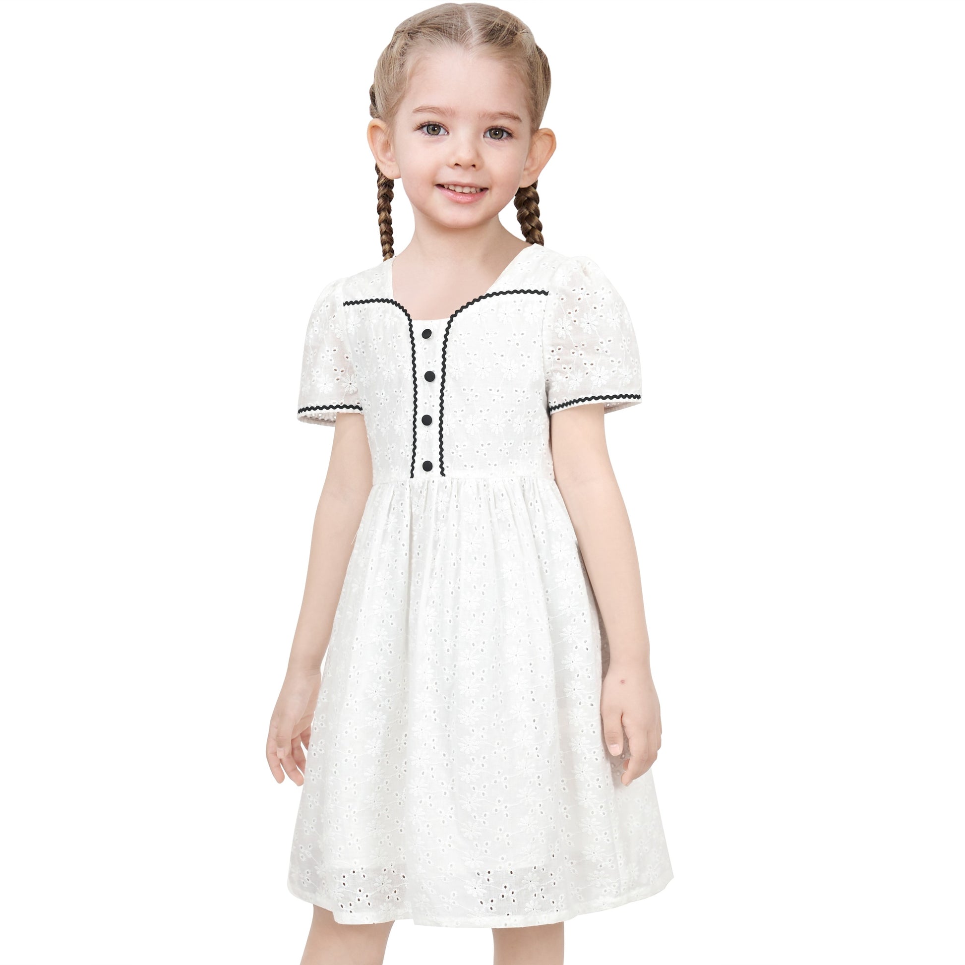 Girls Dress Green Butterfly Ruffle Lace Trim Soft Short Sleeve Summer White