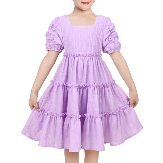 Girls Green Ruffle Layer Square Loose Fit Puff Short Sleeve Summer Casual Purple