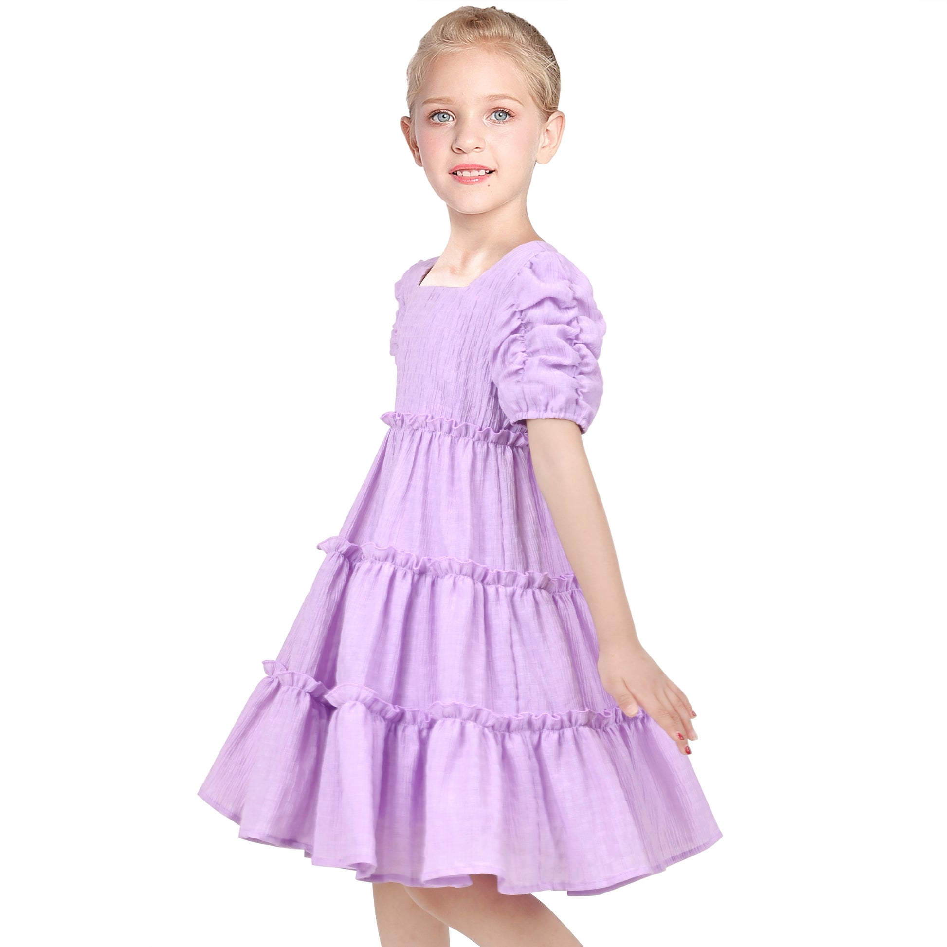 Girls Green Ruffle Layer Square Loose Fit Puff Short Sleeve Summer Casual Purple