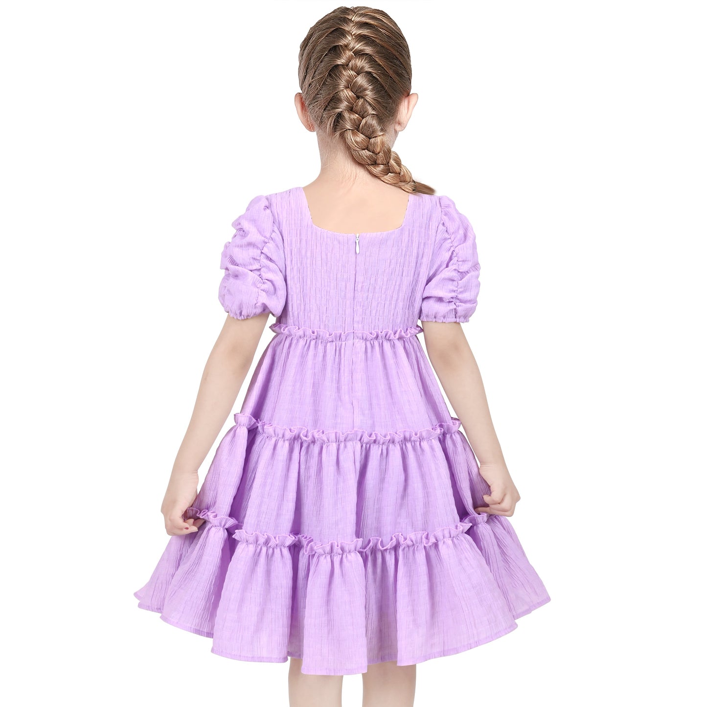 Girls Green Ruffle Layer Square Loose Fit Puff Short Sleeve Summer Casual Purple