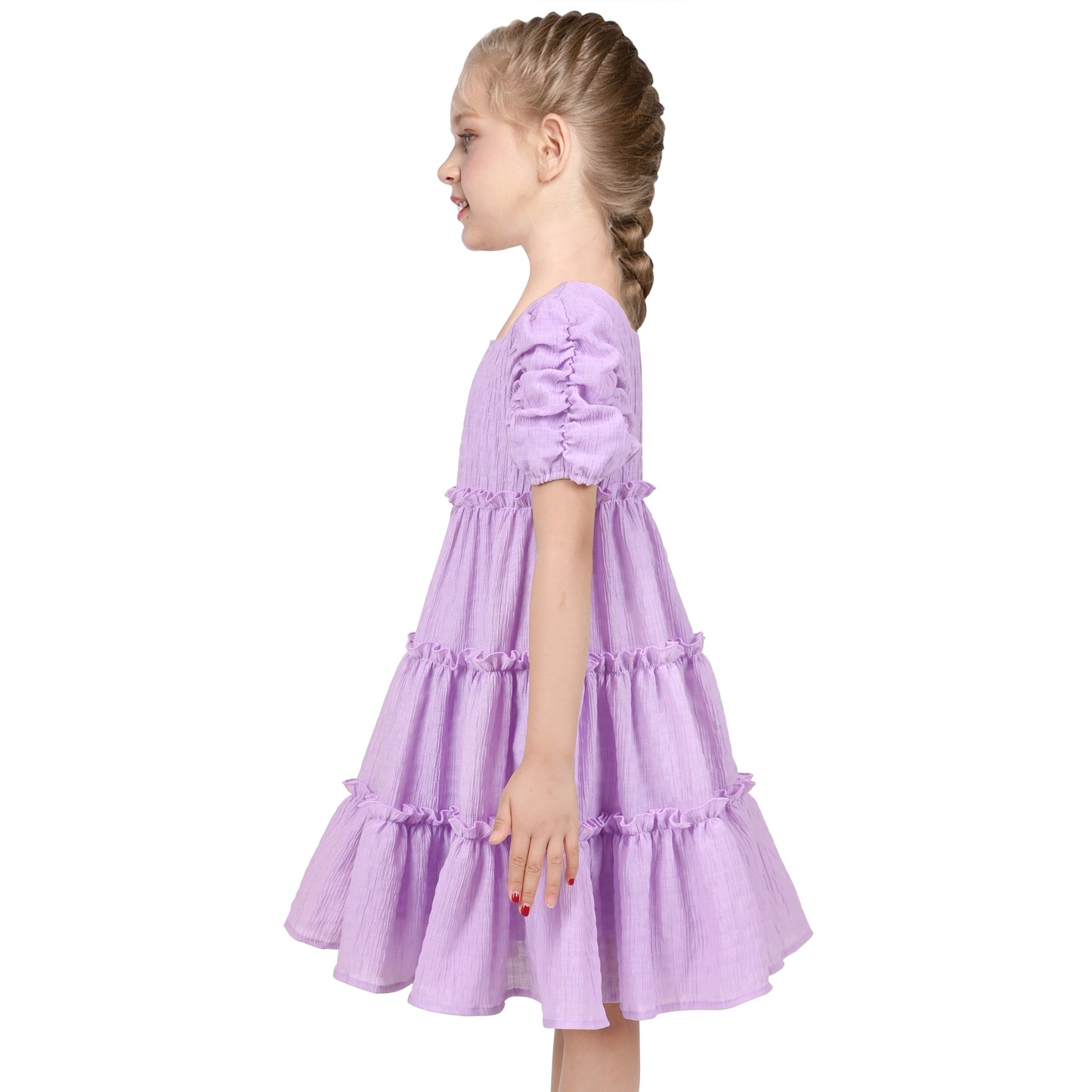 Girls Green Ruffle Layer Square Loose Fit Puff Short Sleeve Summer Casual Purple