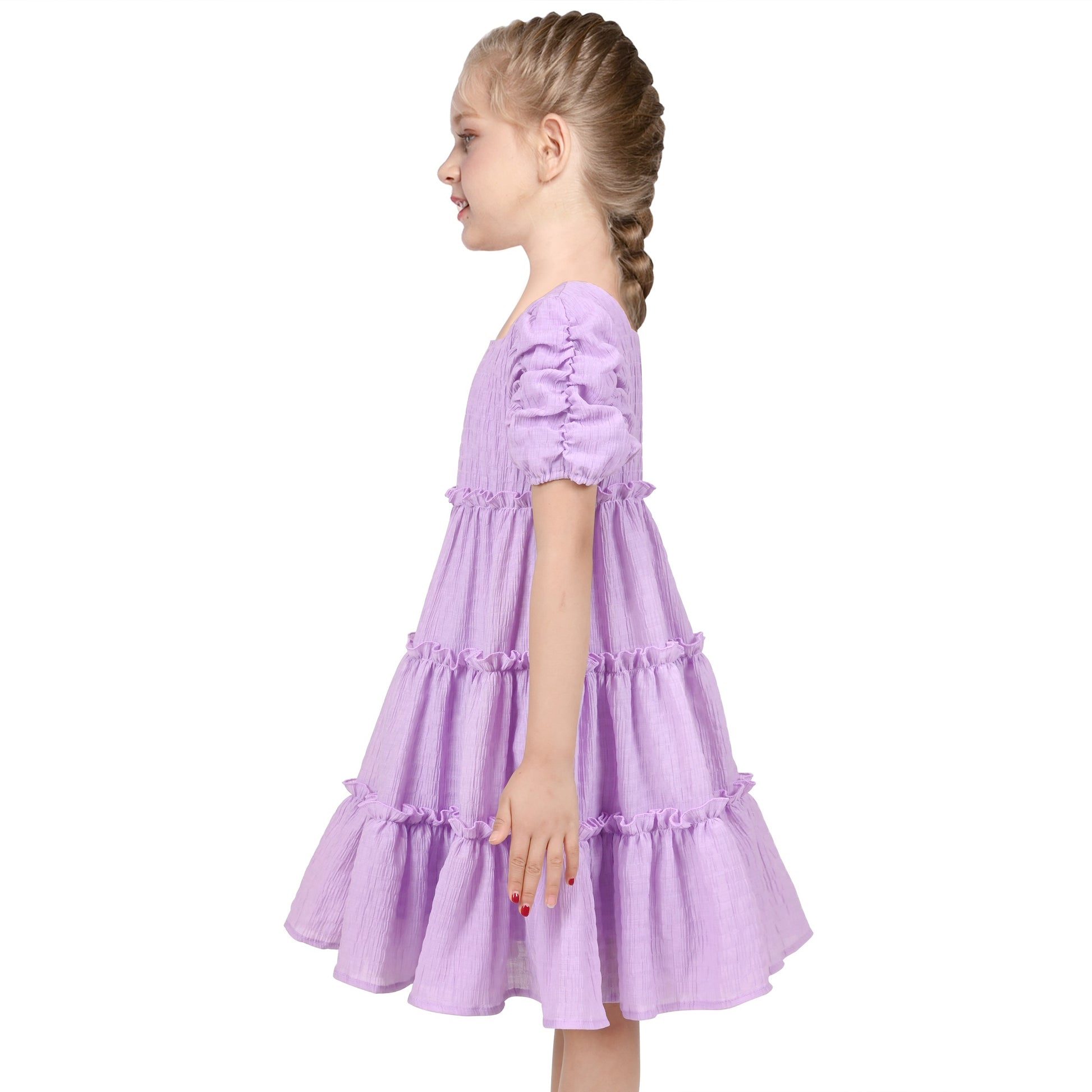 Girls Green Ruffle Layer Square Loose Fit Puff Short Sleeve Summer Casual Purple